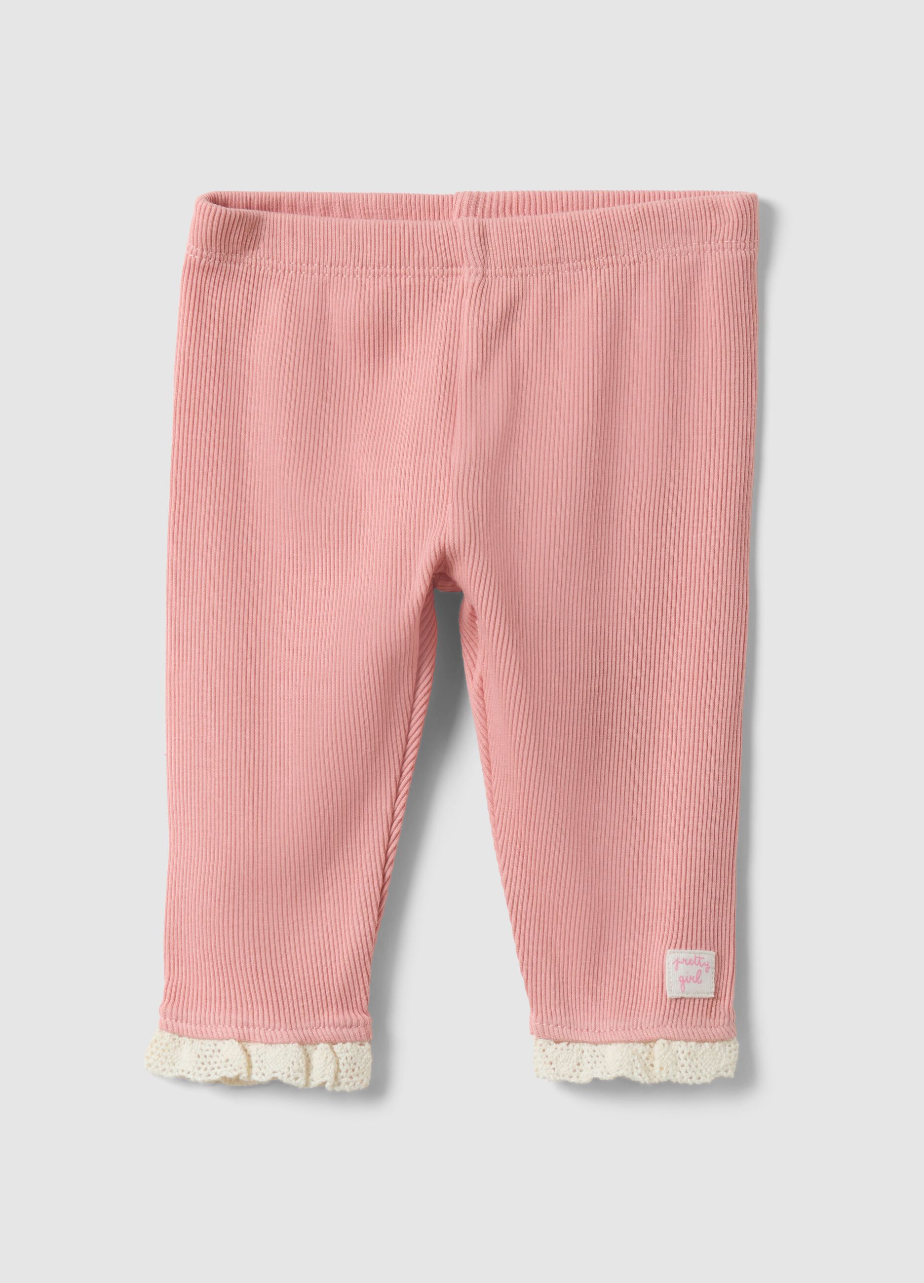 Baby girls&rsquo; pink ribbed pure cotton leggings with crochet details