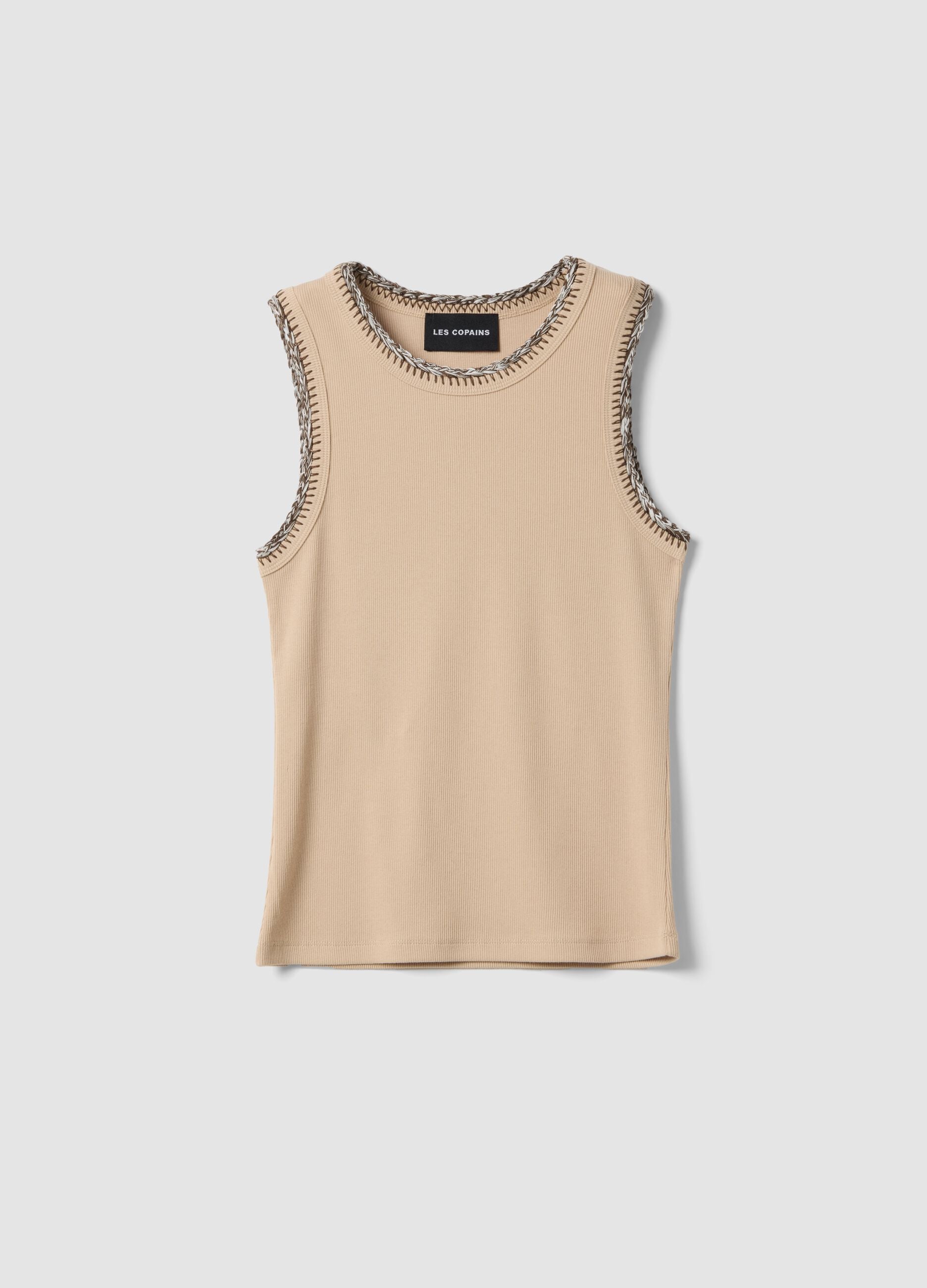 Beige regular fit stretch cotton tank top with embroidered edges