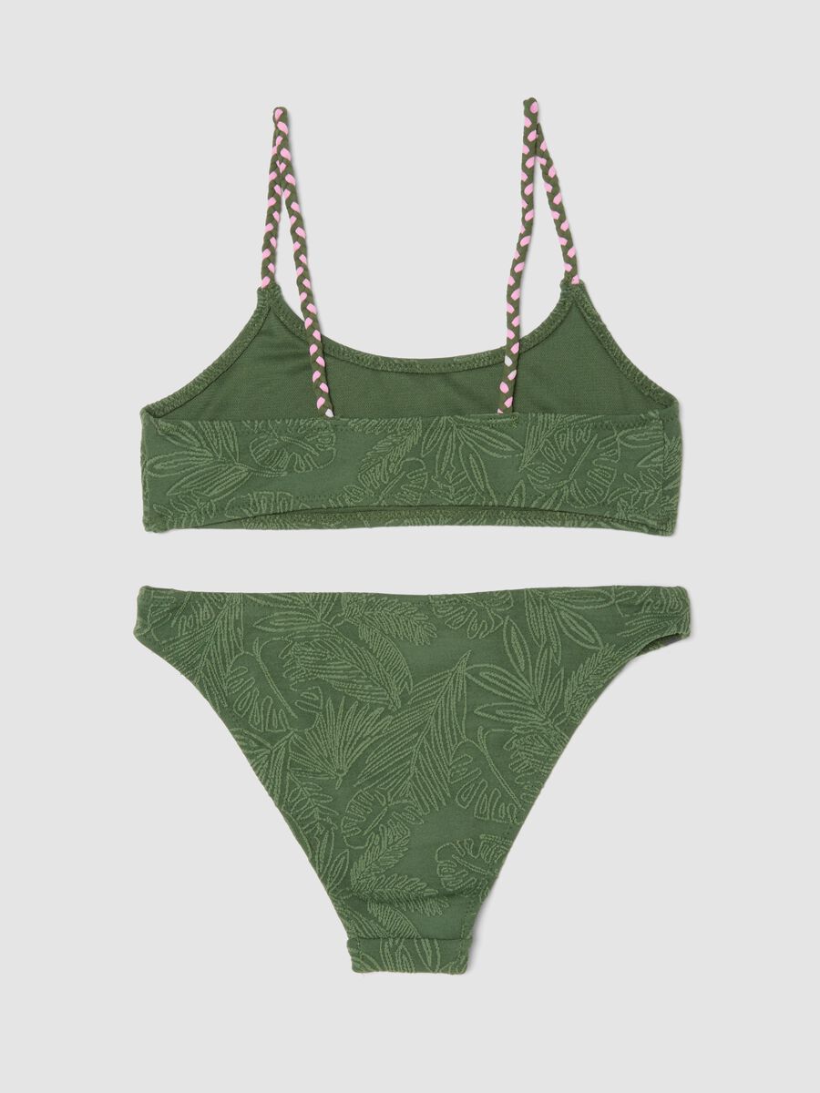 Bikini verde in tessuto elasticizzato con motivo foliage_1