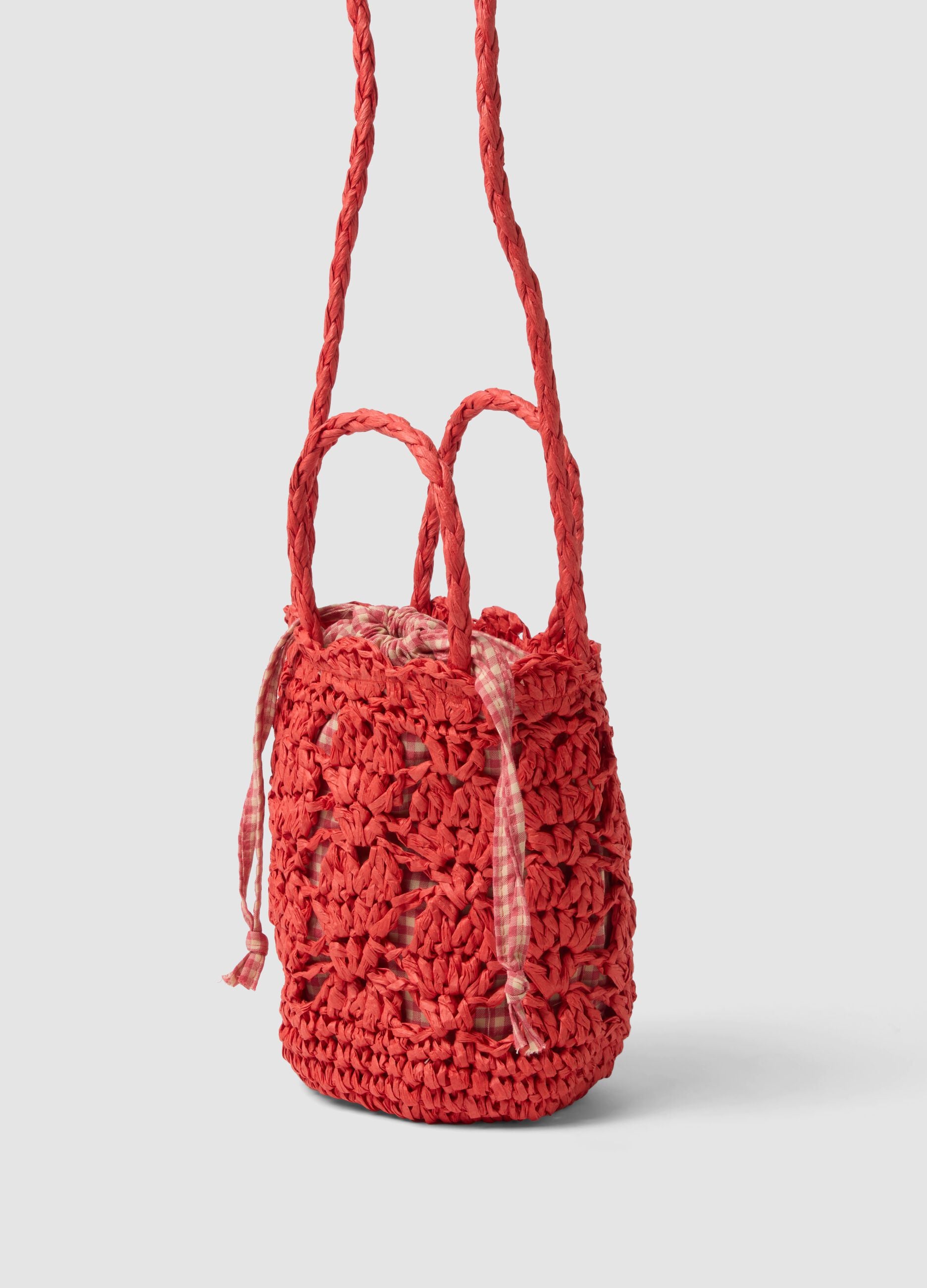 Borsa a spalla arancione in puro tessuto carta con inserto in vichy