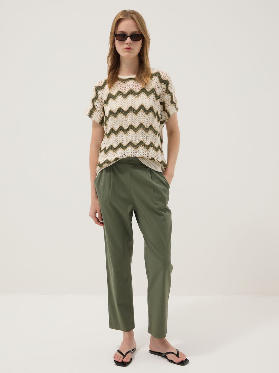 Beige open-knit striped top with green detailing in stretch cotton, regular fit_2
