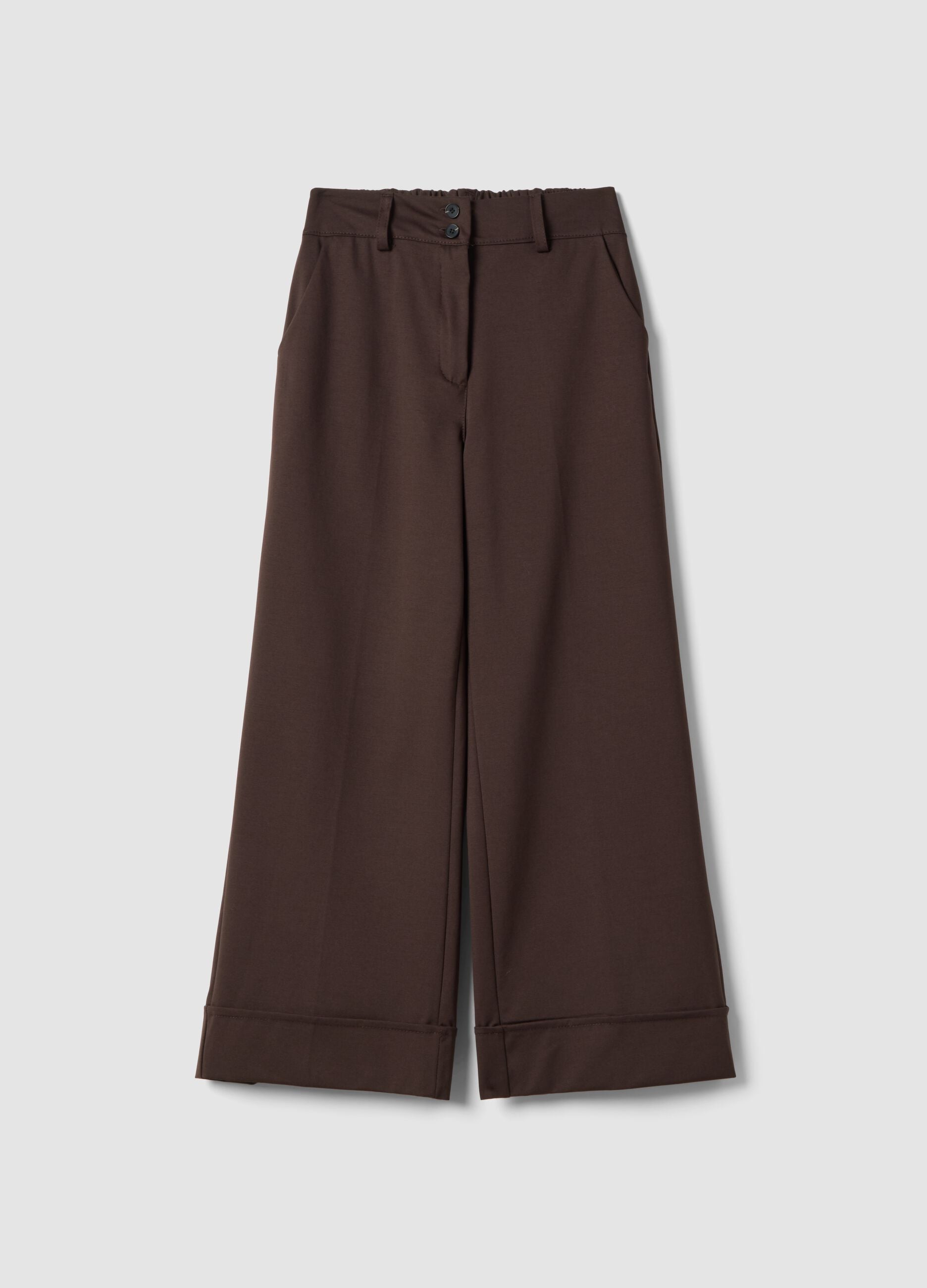 Brown wide leg stretchy cotton blend trousers regular fit