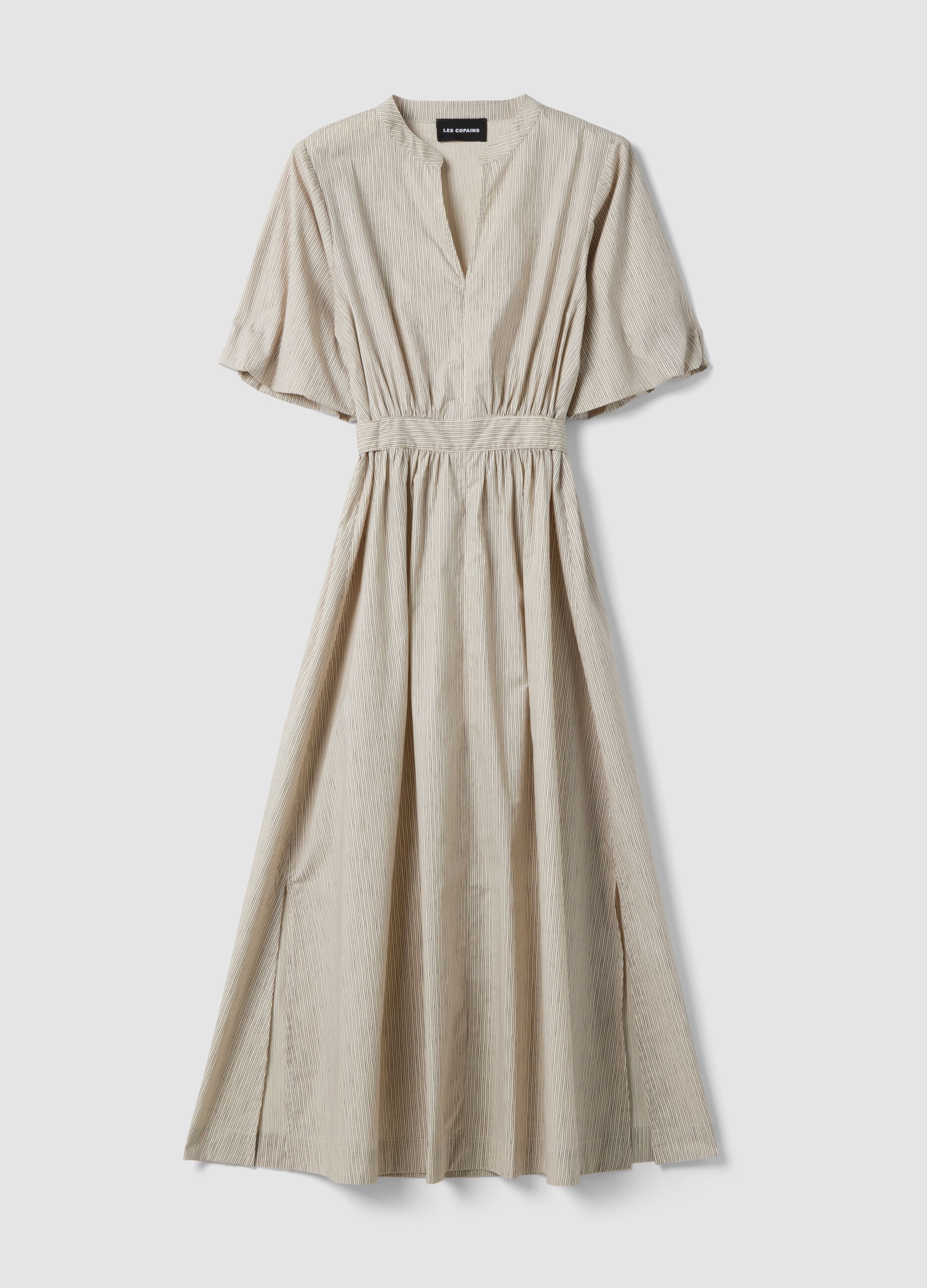 Beige striped pure cotton maxi dress, regular fit with V-neck