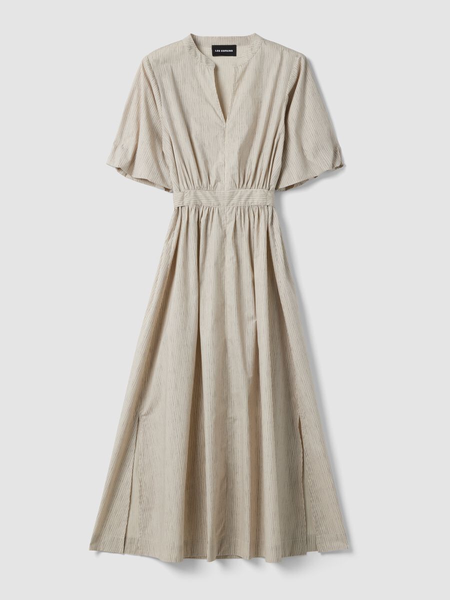Beige striped pure cotton maxi dress, regular fit with V-neck_4