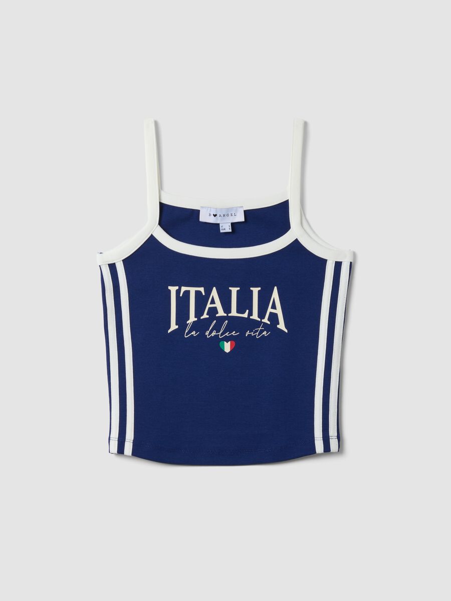 Blue stretch cotton tank top with Italia print, regular fit_4