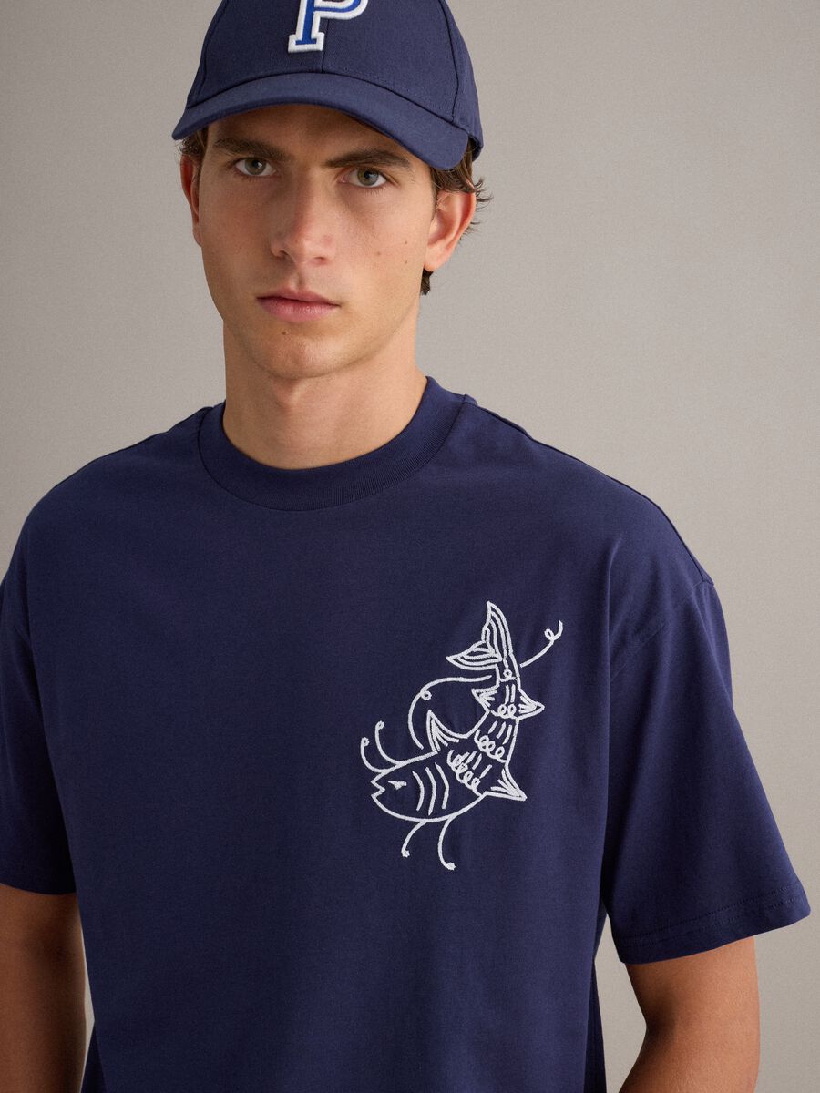 Blue pure cotton relaxed-fit T-shirt with embroidered detail_1