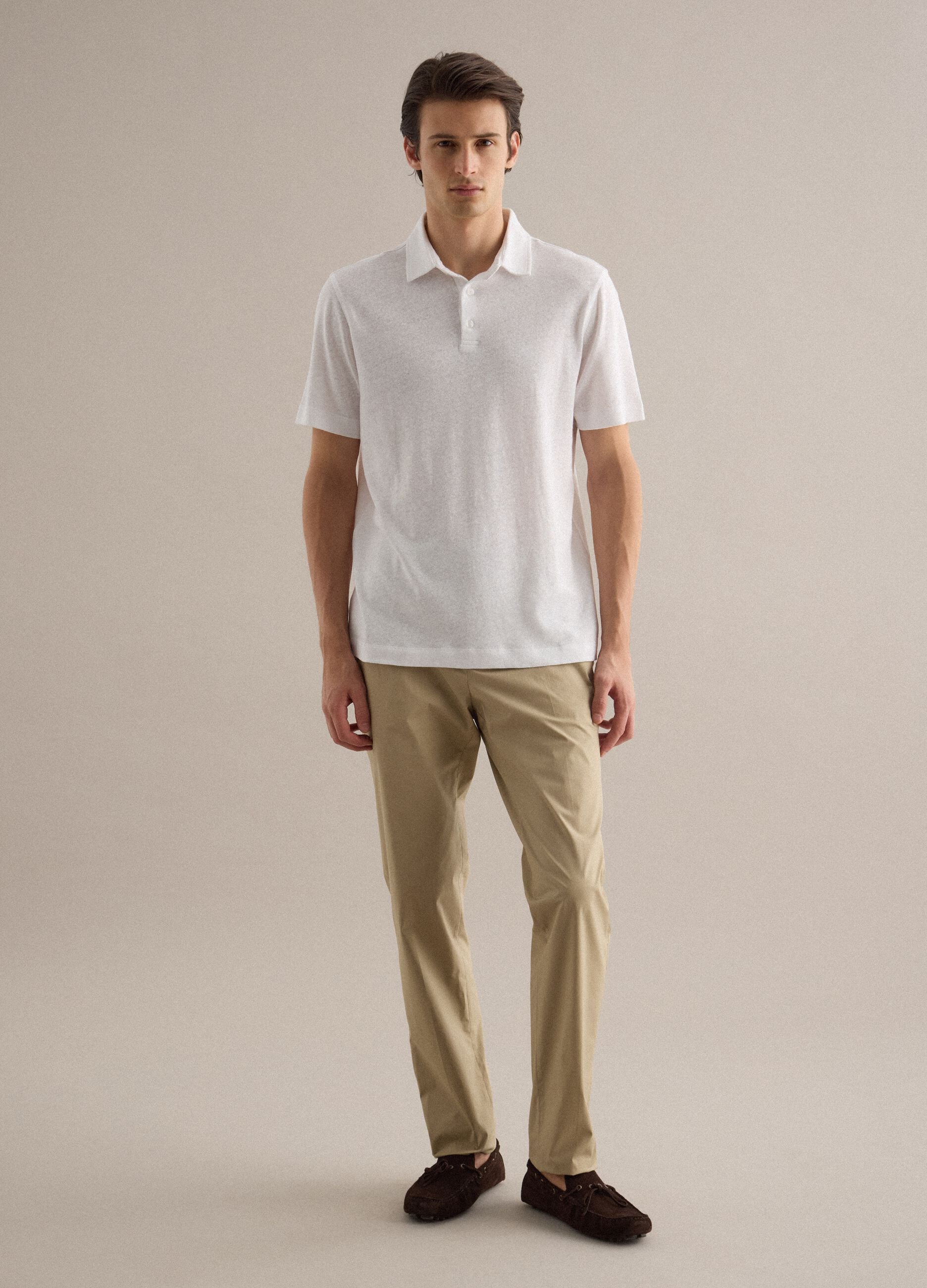 White linen-cotton blend regular fit polo