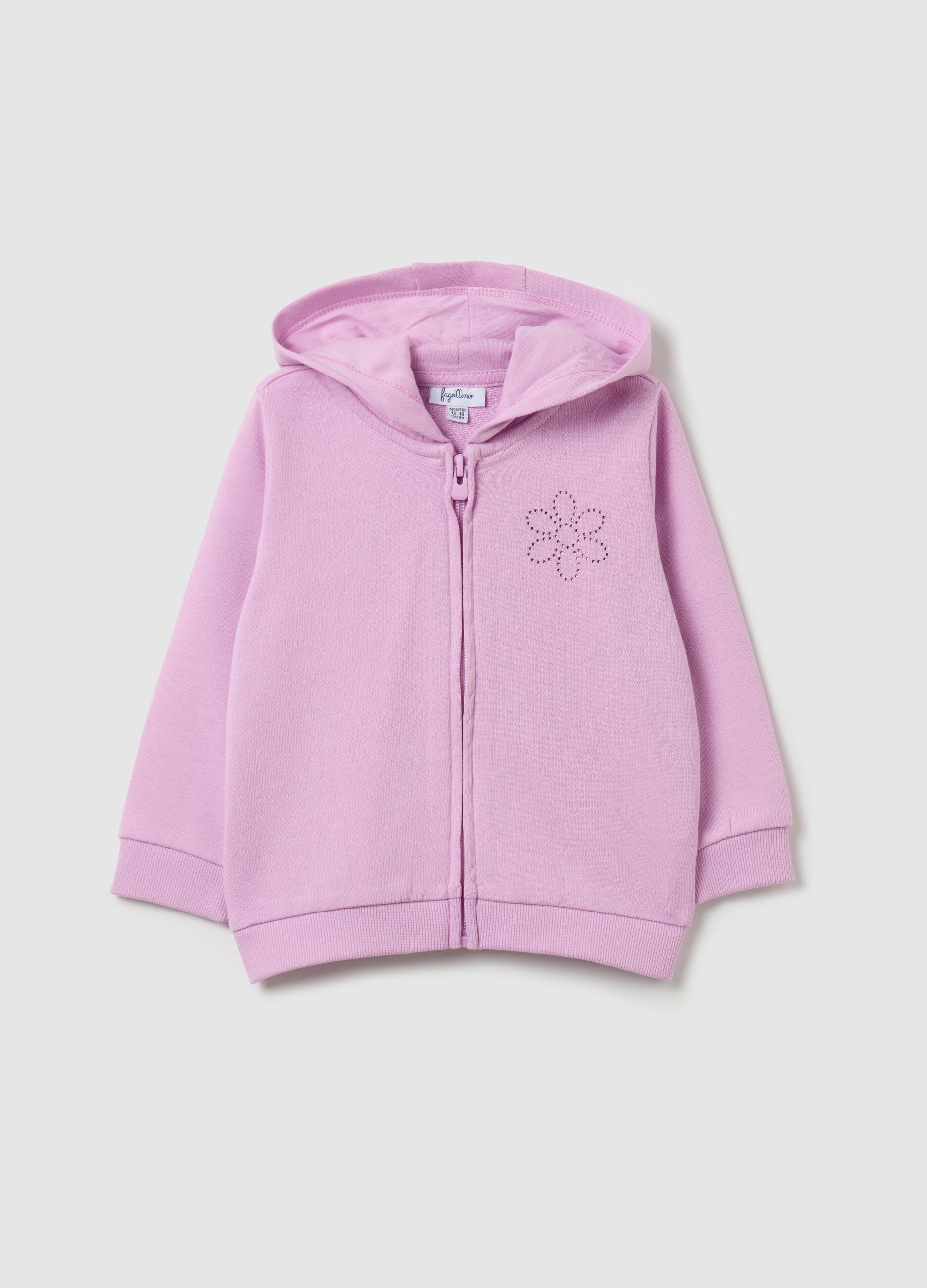 Full-zip sweatshirt in French terry with hood and diamant&eacute;s