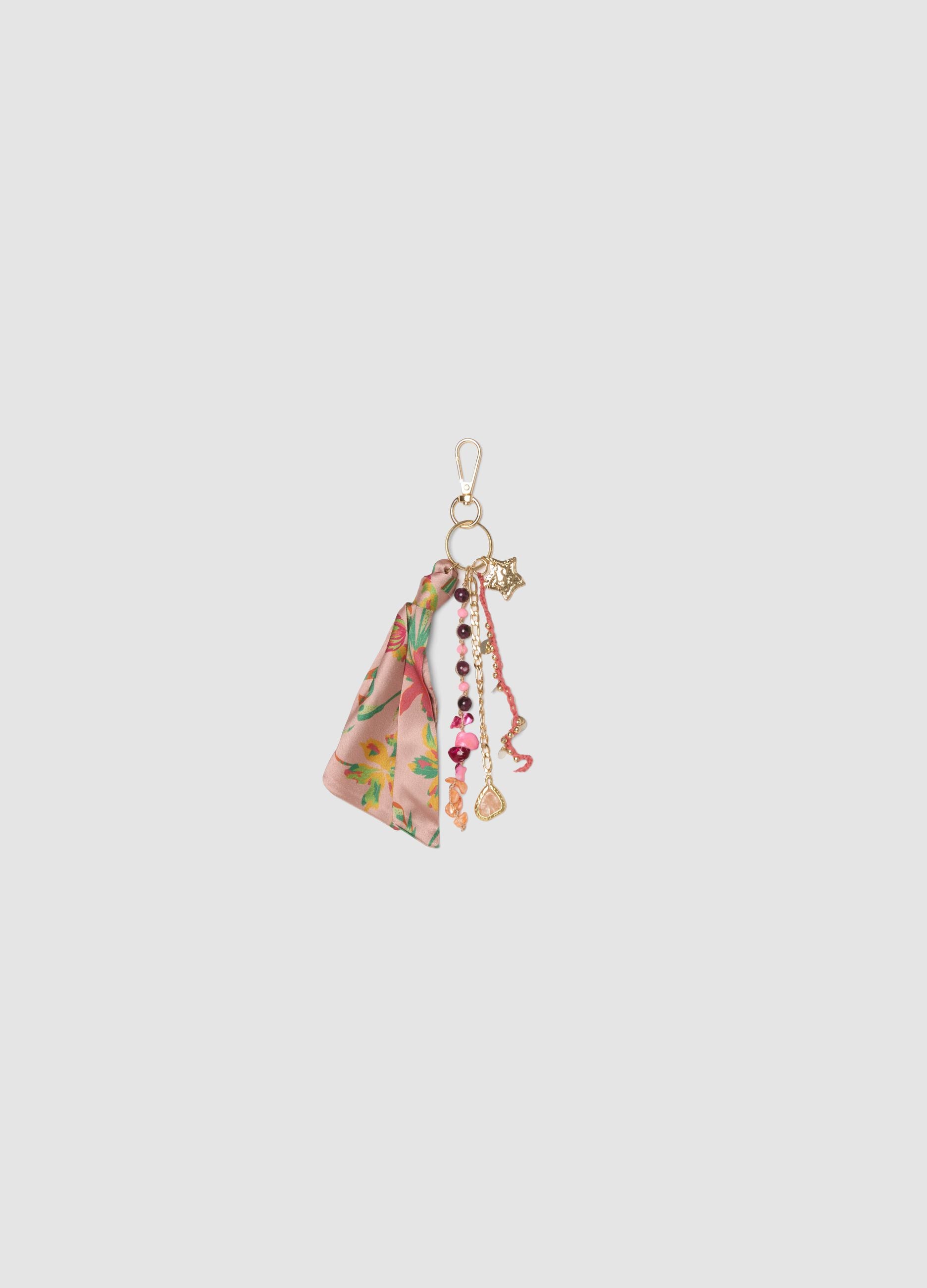Pink keyring with floral scarf and charms