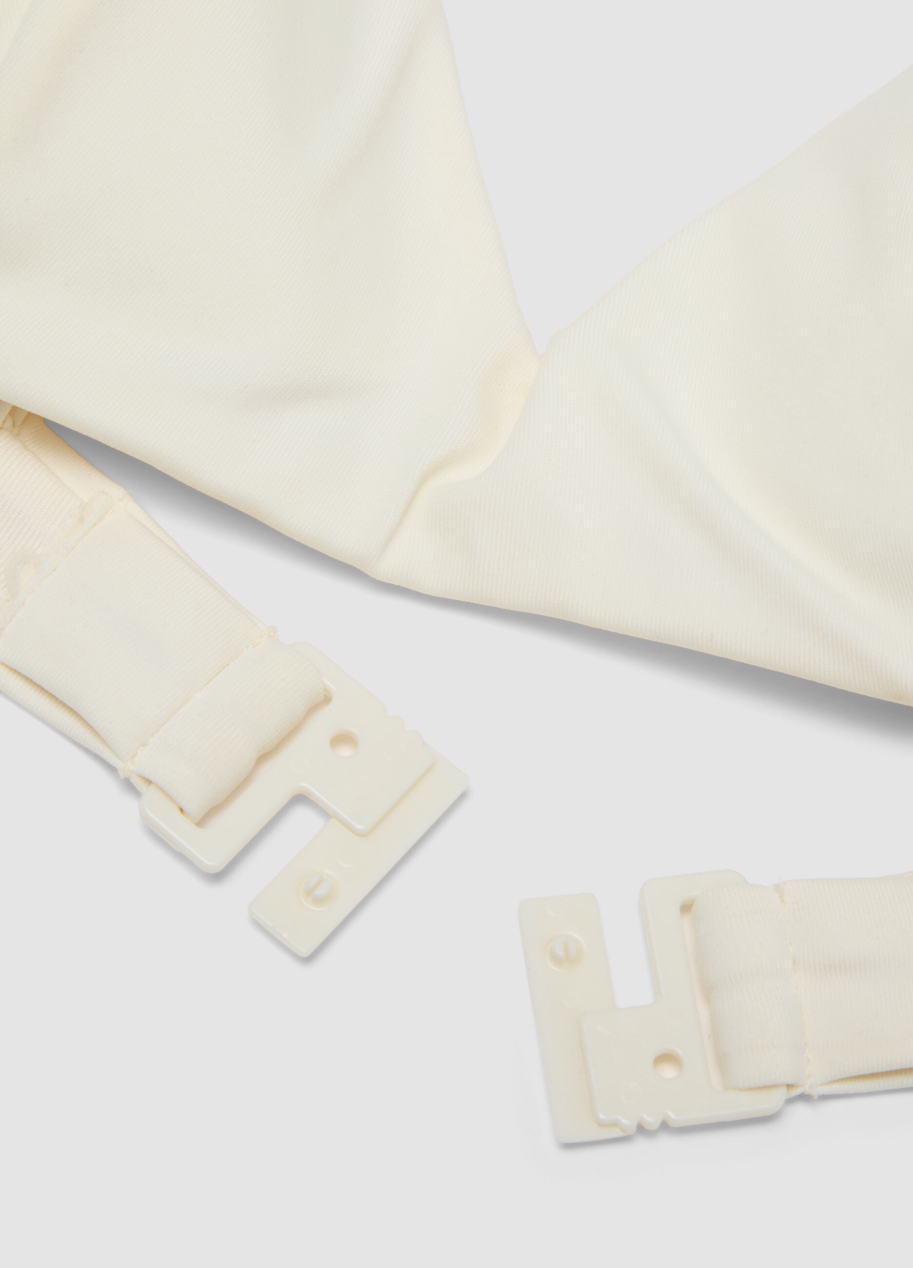 White stretch-fabric bikini top with embellished straps