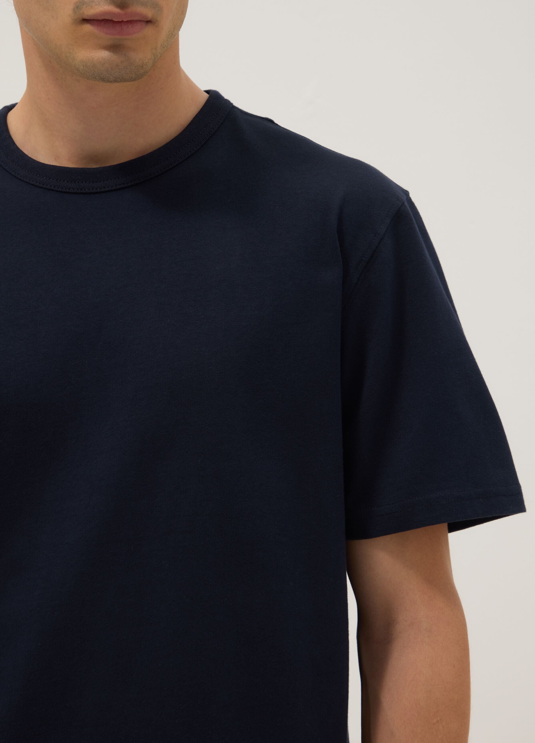 Relaxed fit blue crew neck pure cotton T-shirt