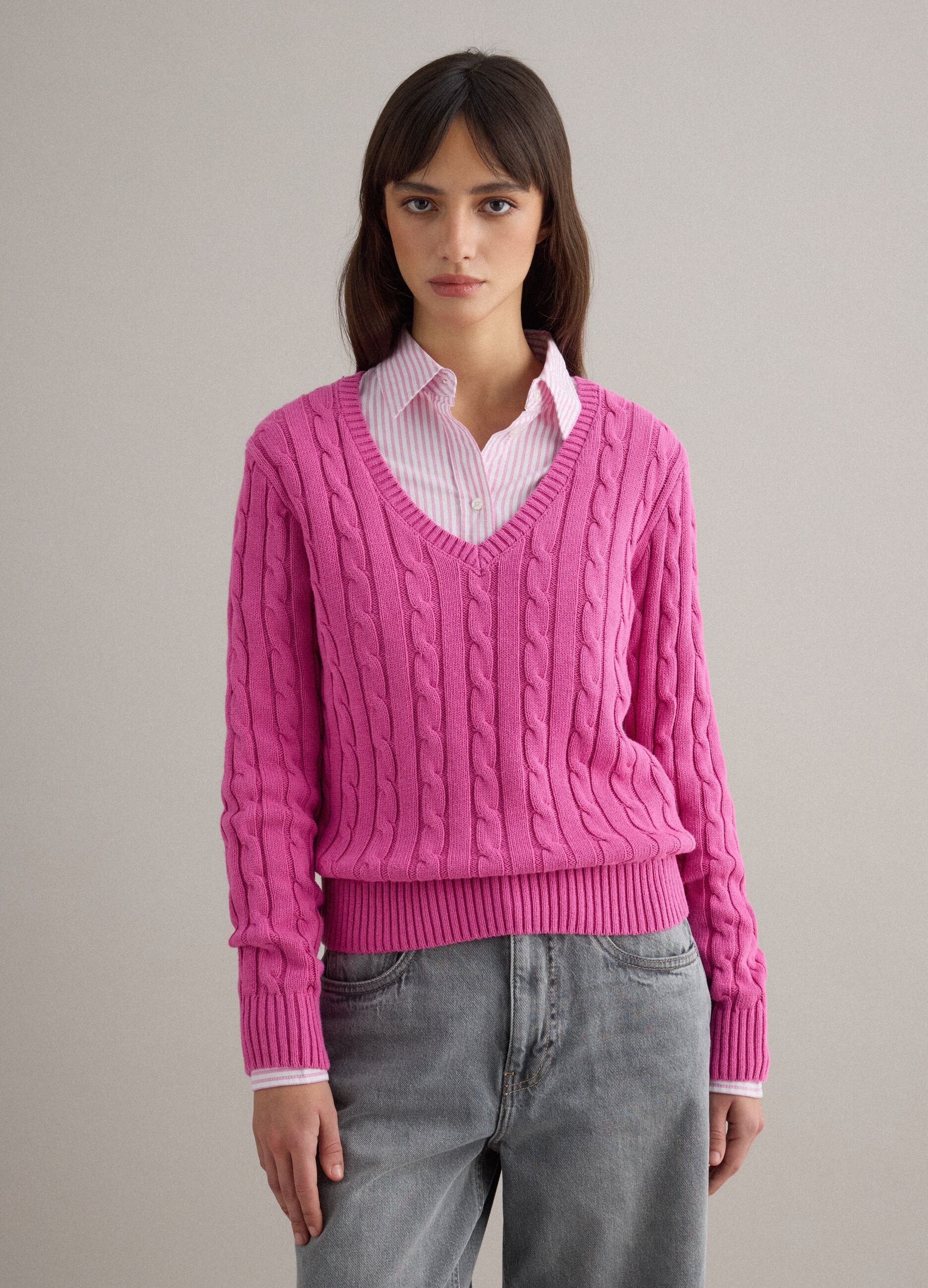 Pink pure cotton regular fit pullover with cable knit design