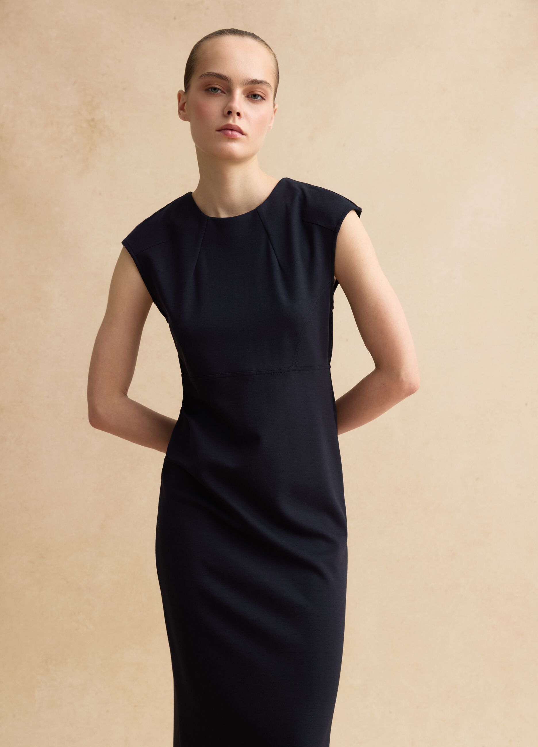 Sleeveless blue viscose blend slim fit dress with zip