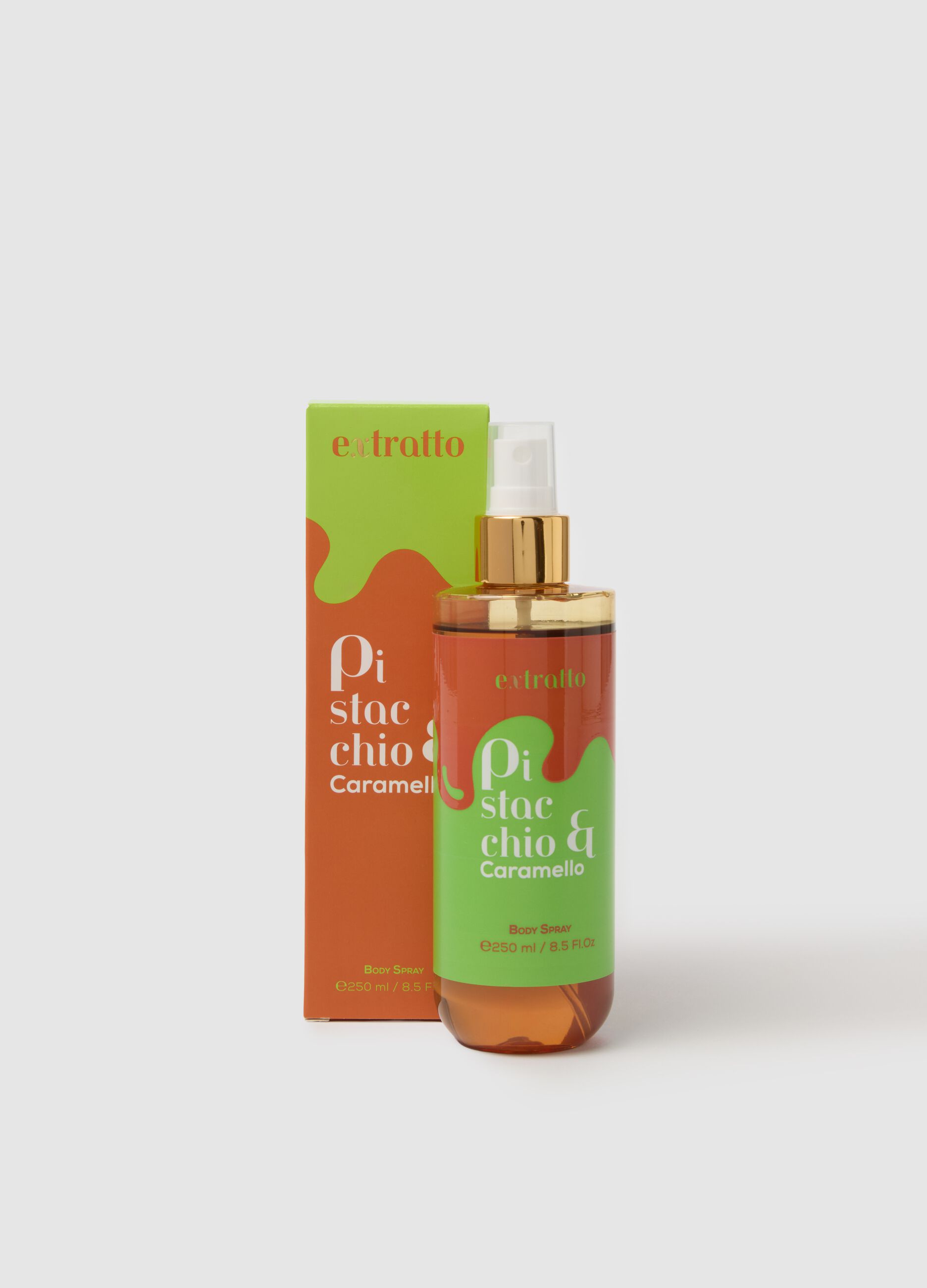 Body Spray with pistachio and caramel notes, indulgent and enveloping, sweet and creamy.