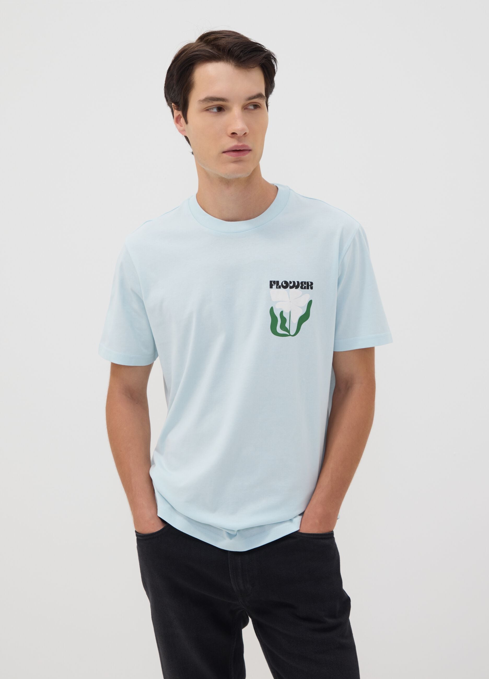 Light blue pure cotton jersey T-shirt with print, regular fit