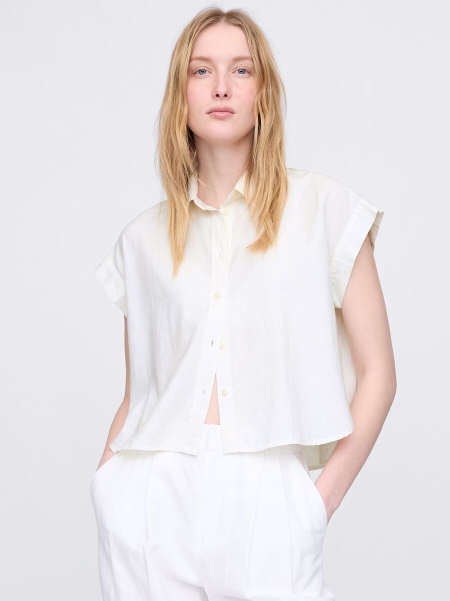 Sleeveless white linen and viscose shirt_0