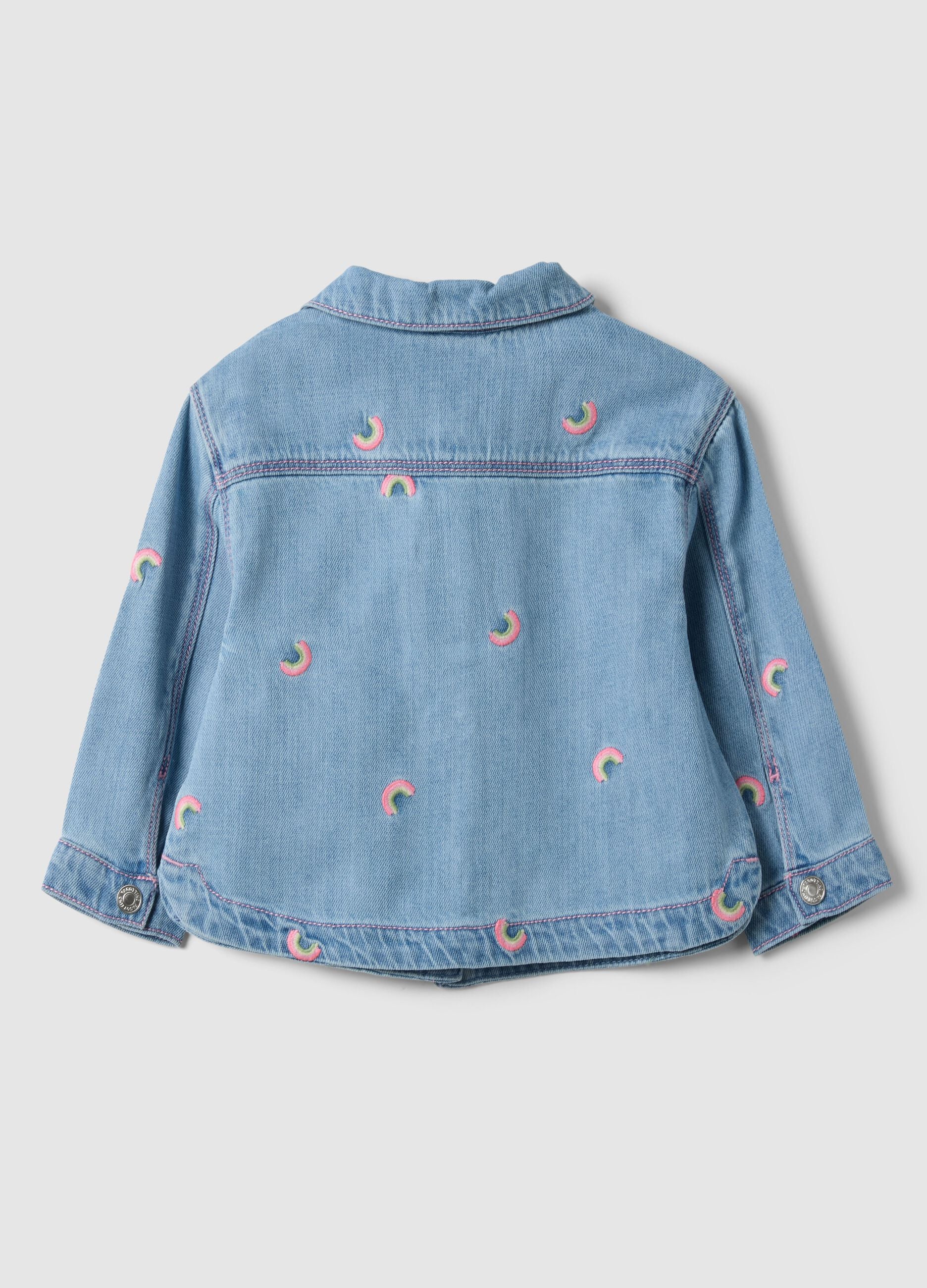 Girls' light blue denim blend shirt with rainbow embroidery