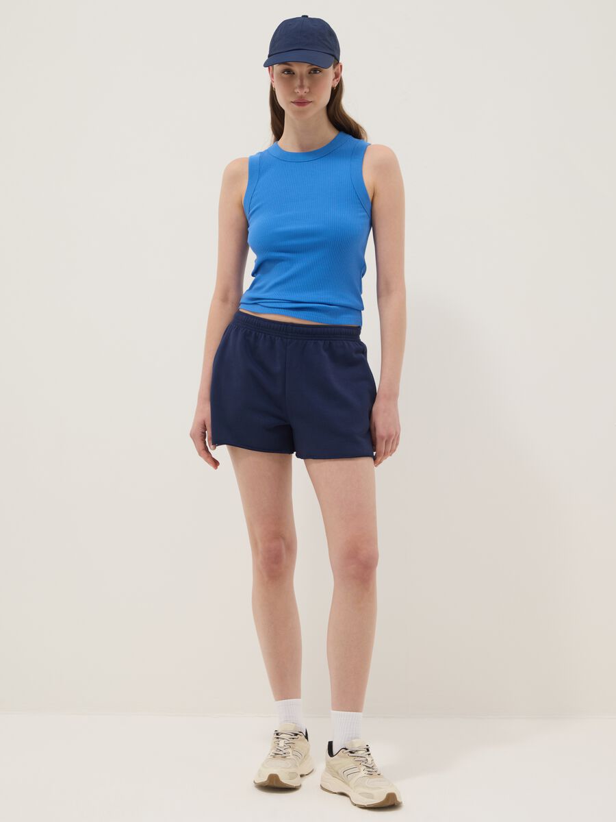 Tank top blu in cotone elasticizzato a costine fitted_2