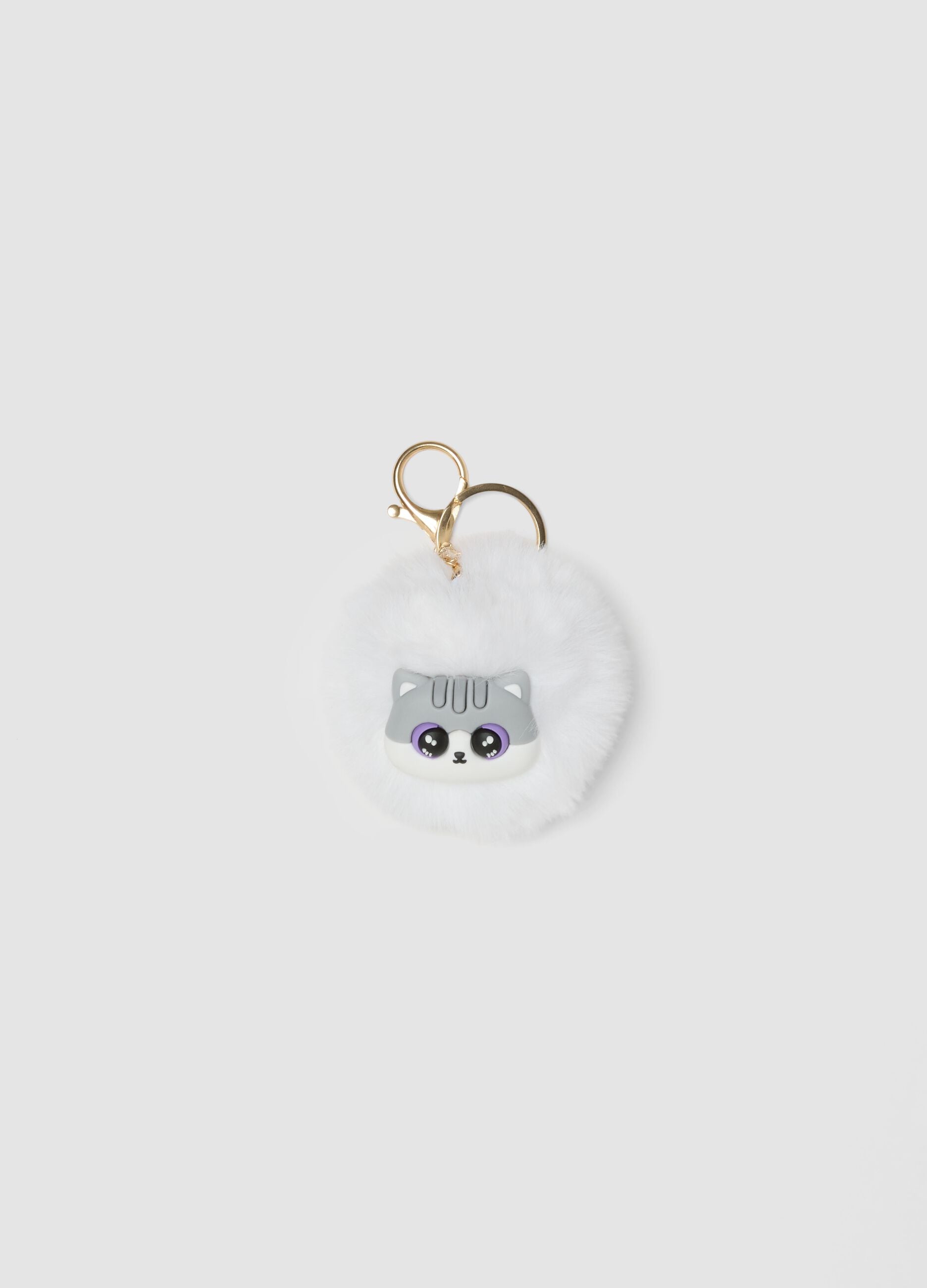 White keyring with pom-pom and kitten charm for girls