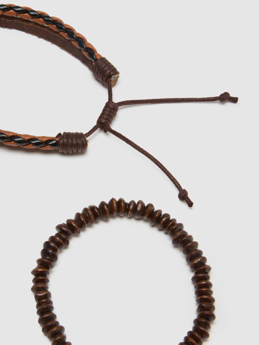 Bipack bracciali in vera pelle e legno marrone_1