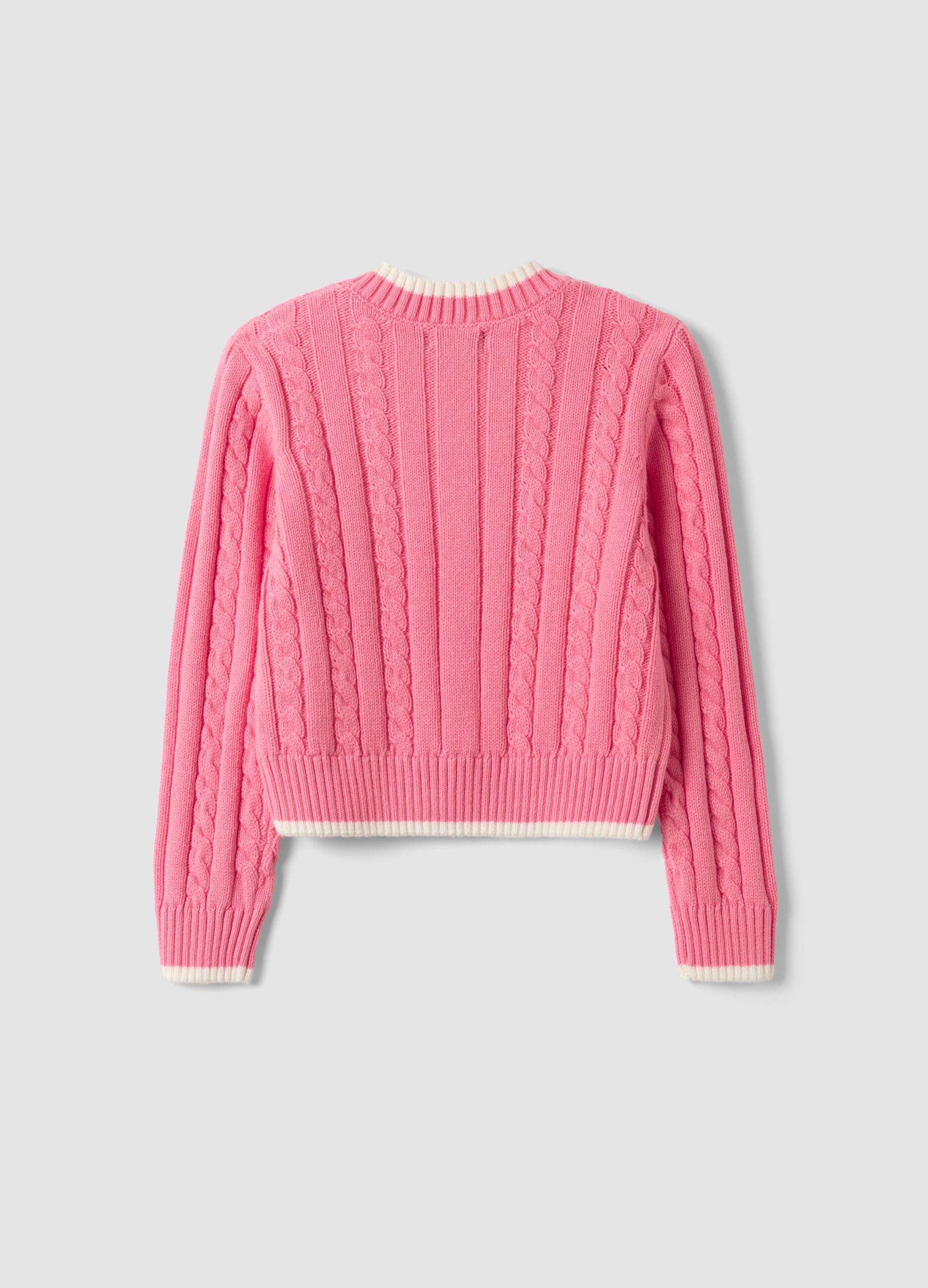 Pink pure cotton cable-knit V-neck jumper for girls