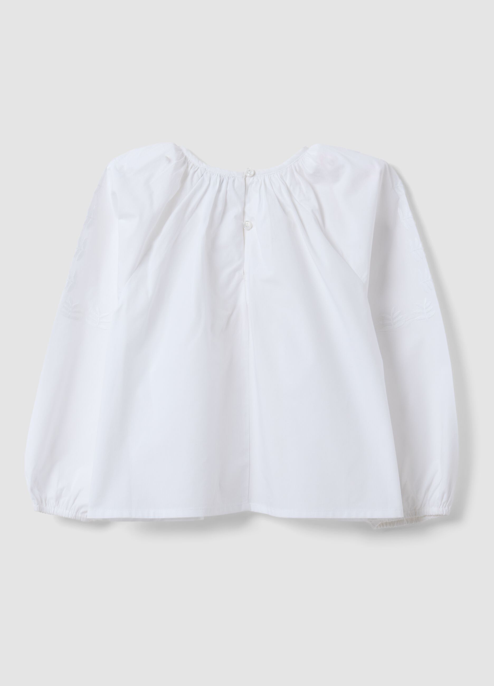White pure cotton blouse with embroidery and gathered neckline for girls