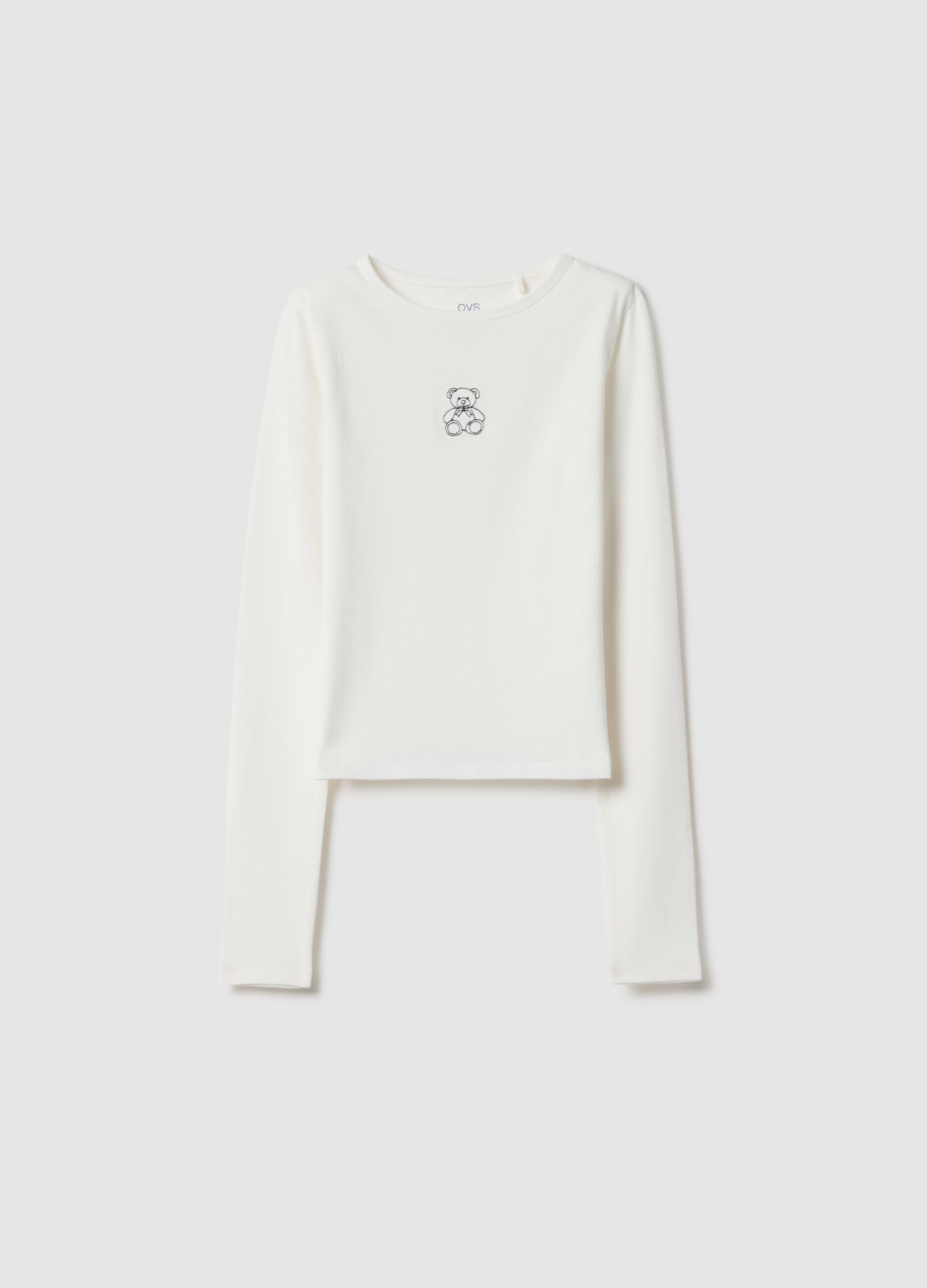 Girls' Long Sleeve White Cotton Blend Slim Fit T-Shirt