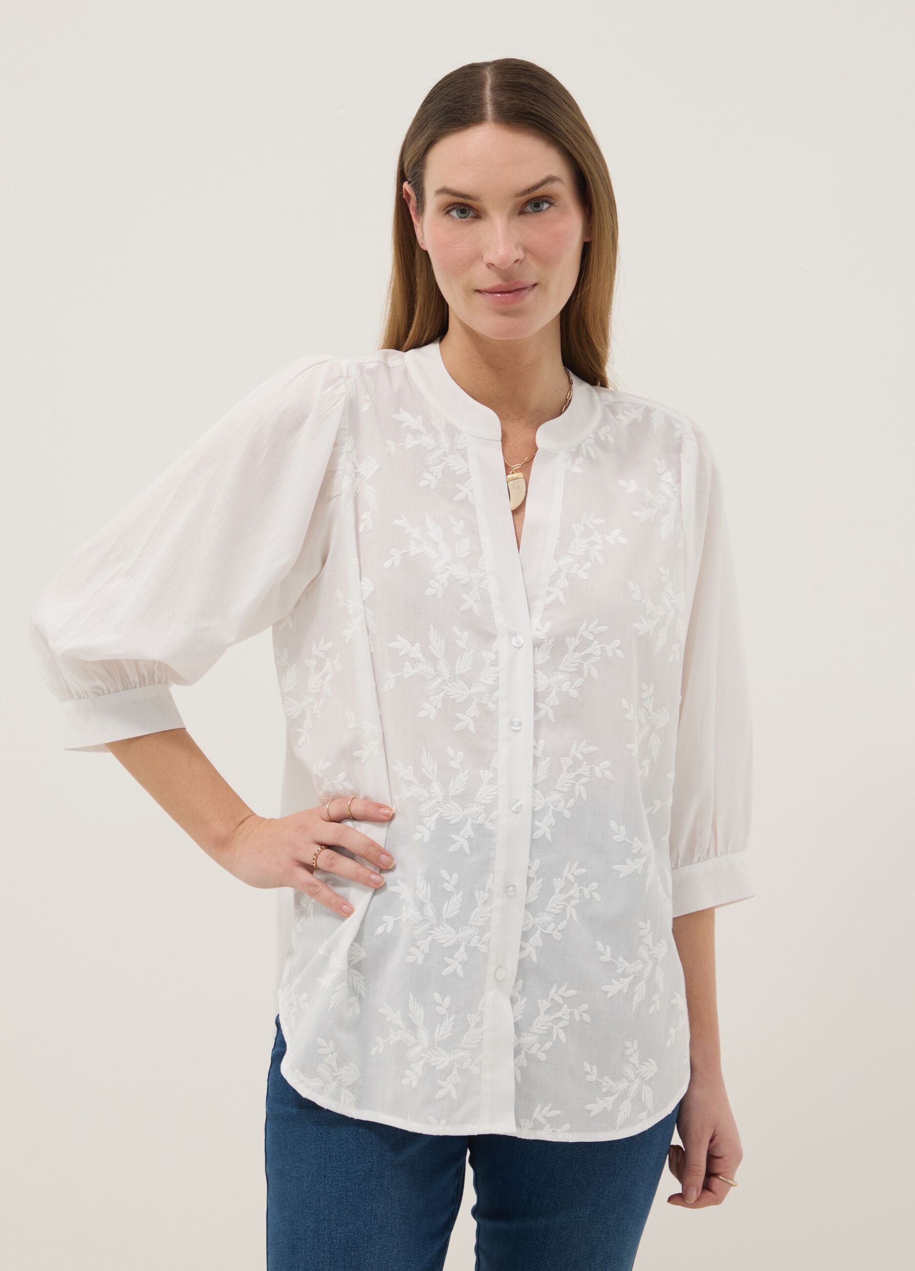 White maternity shirt in pure cotton with Mandarin collar