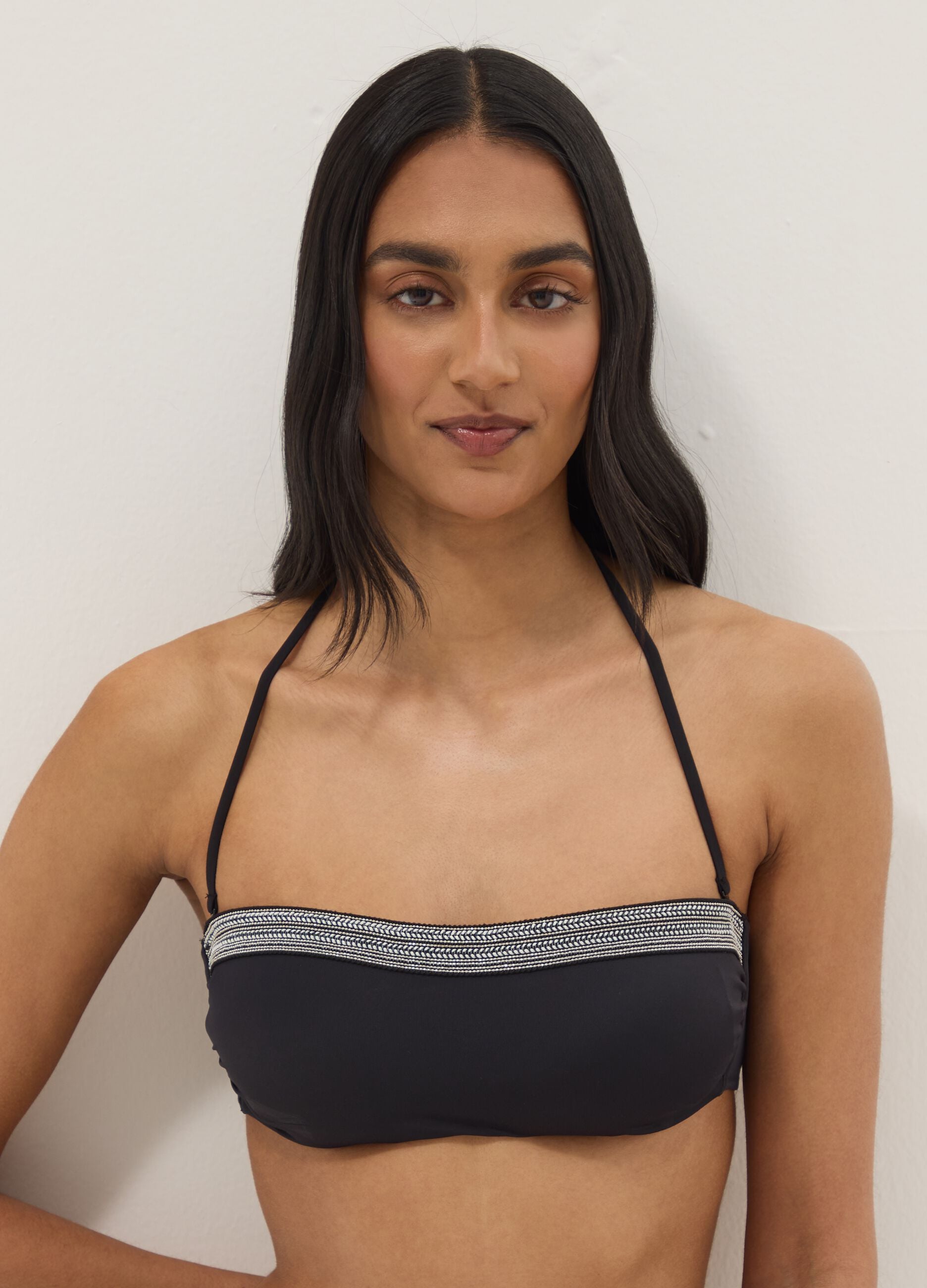 Black stretch bandeau bikini top with beaded detail