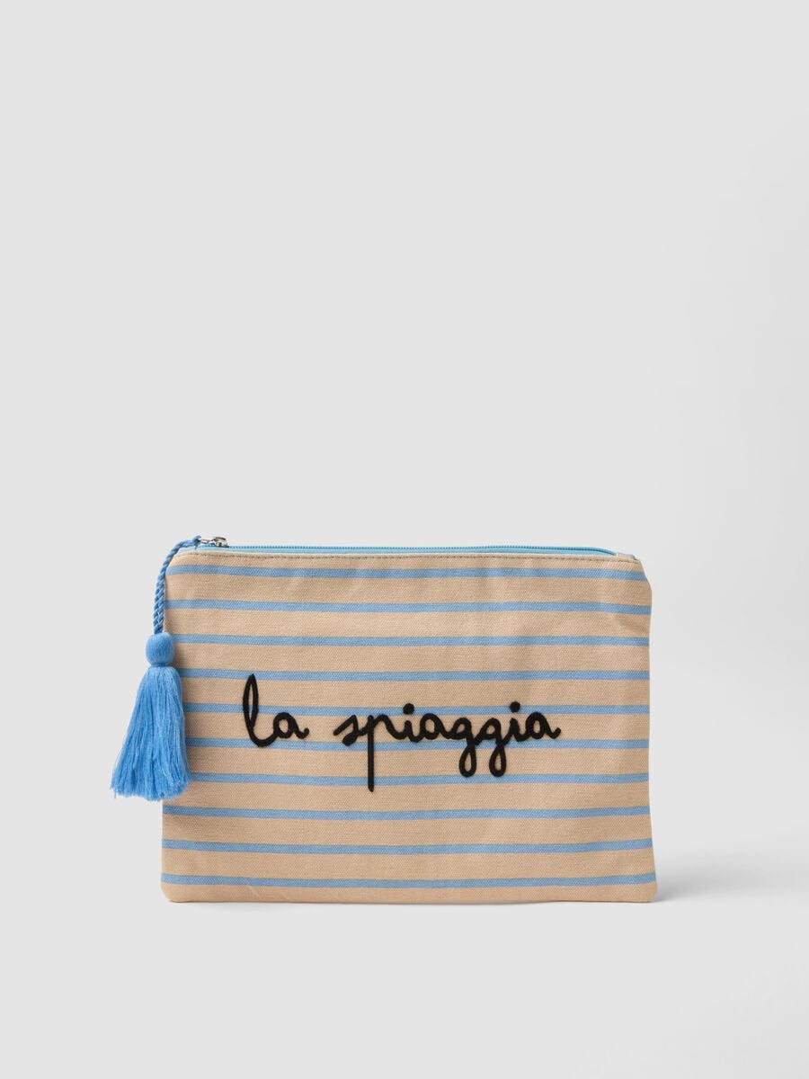 Beige pure cotton pouch with light blue stripes, tassel and zip_0