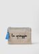 Beige pure cotton pouch with light blue stripes, tassel and zip_0