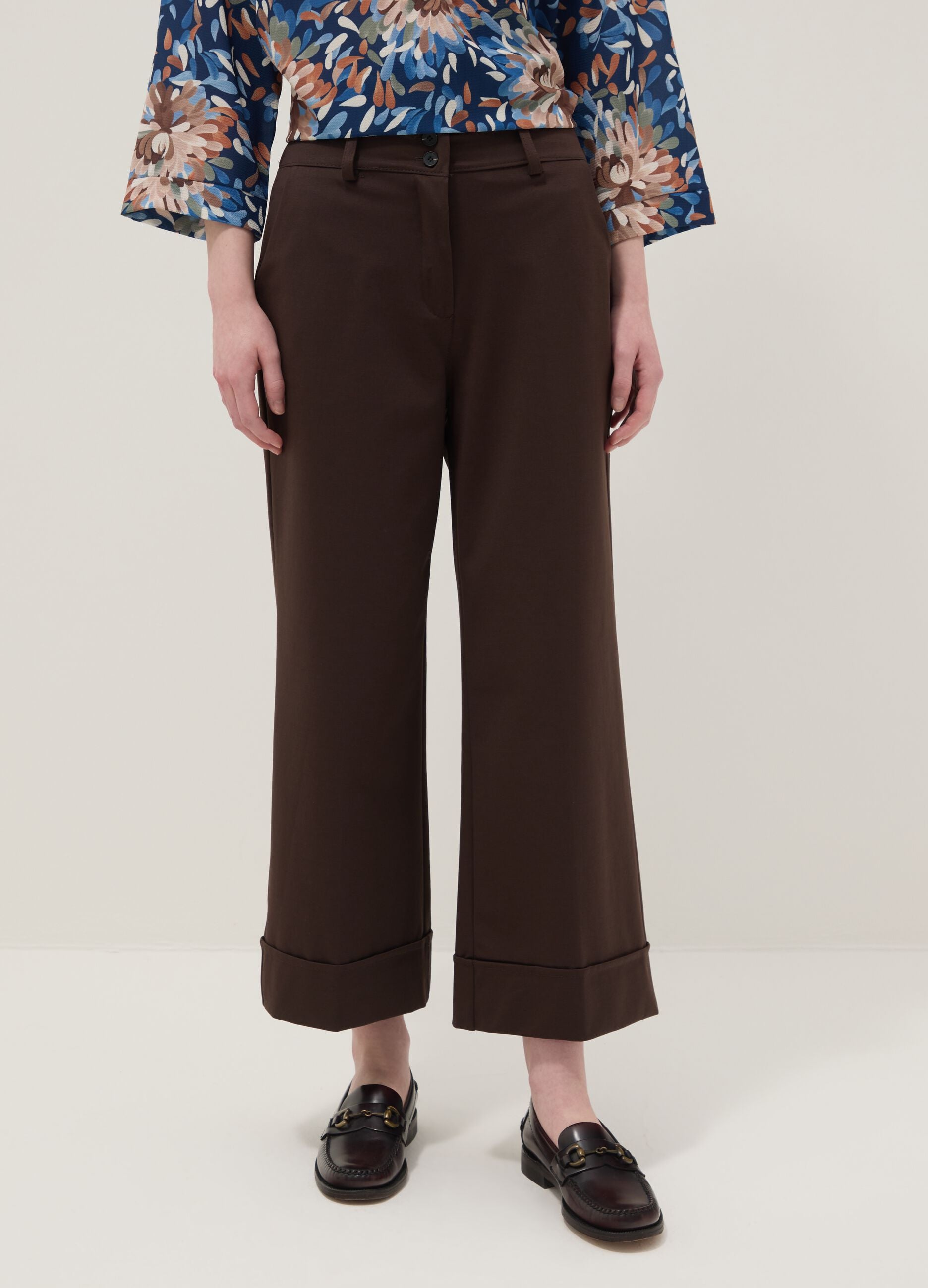 Brown wide leg stretchy cotton blend trousers regular fit