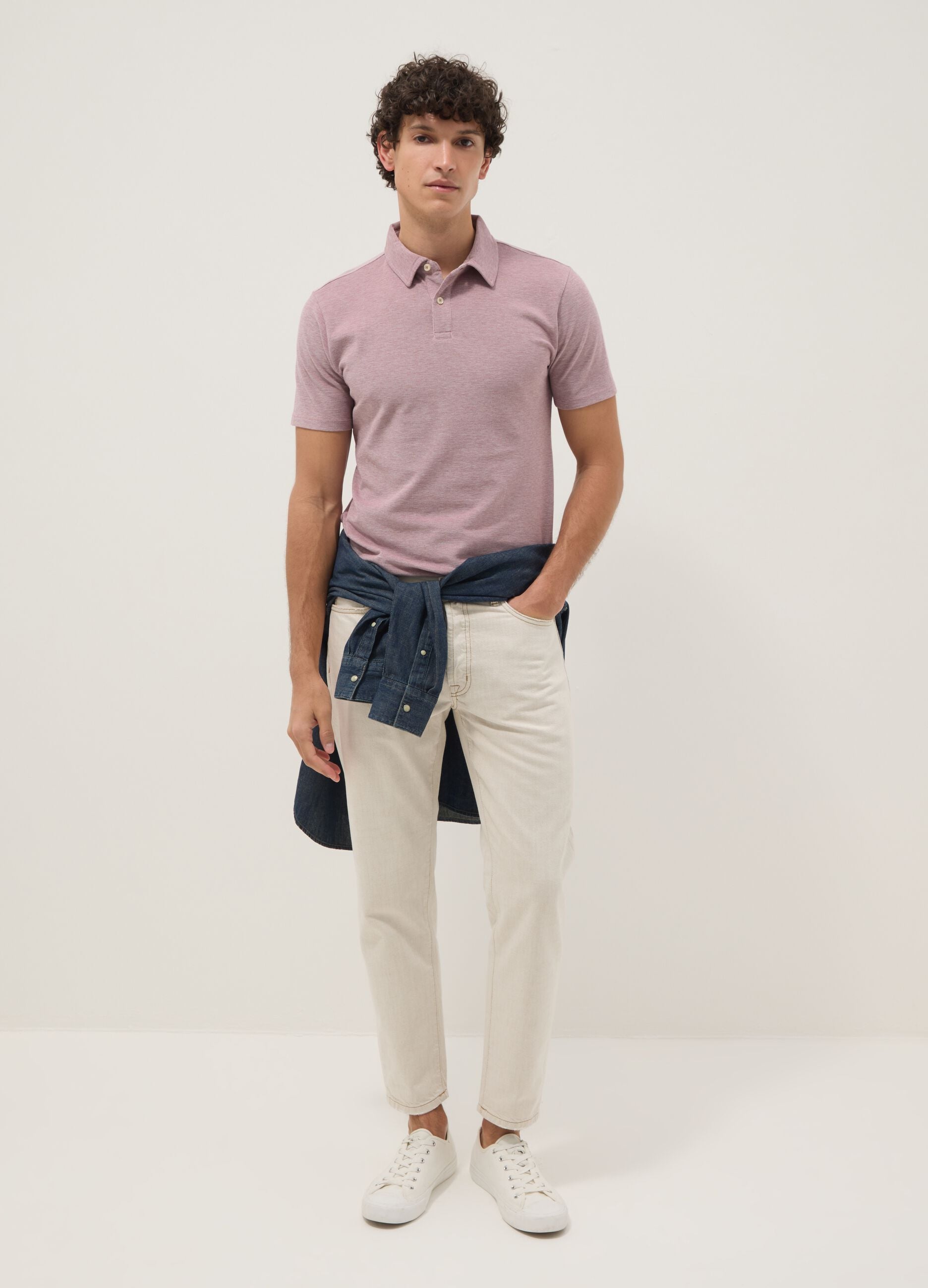 Beige pure cotton short-sleeved polo shirt