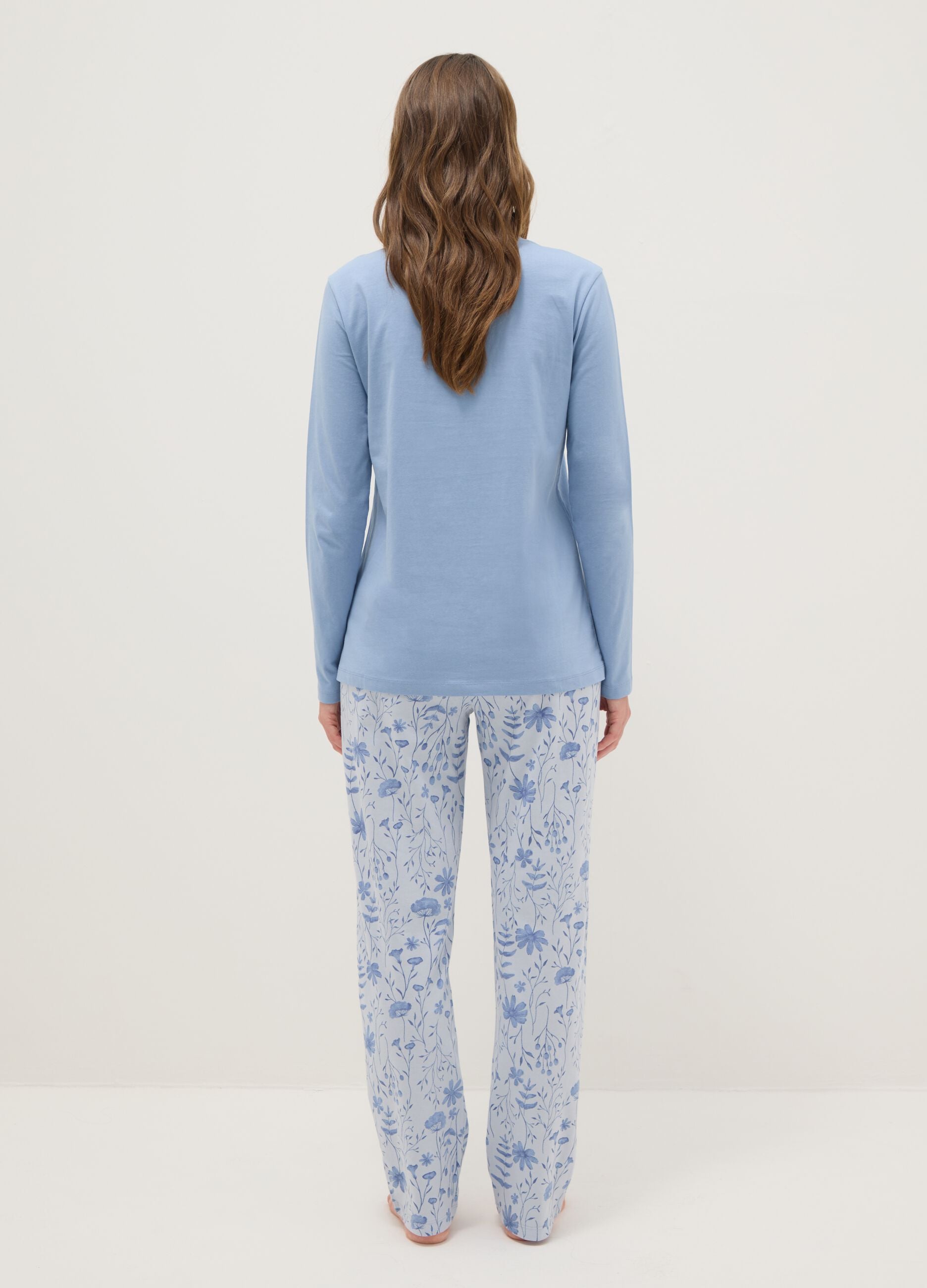 Blue pyjamas in pure cotton regular fit with floral details