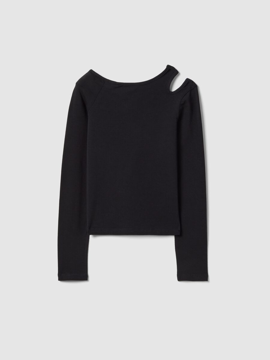 Black cotton blend slim fit girl's top with boat neckline_4