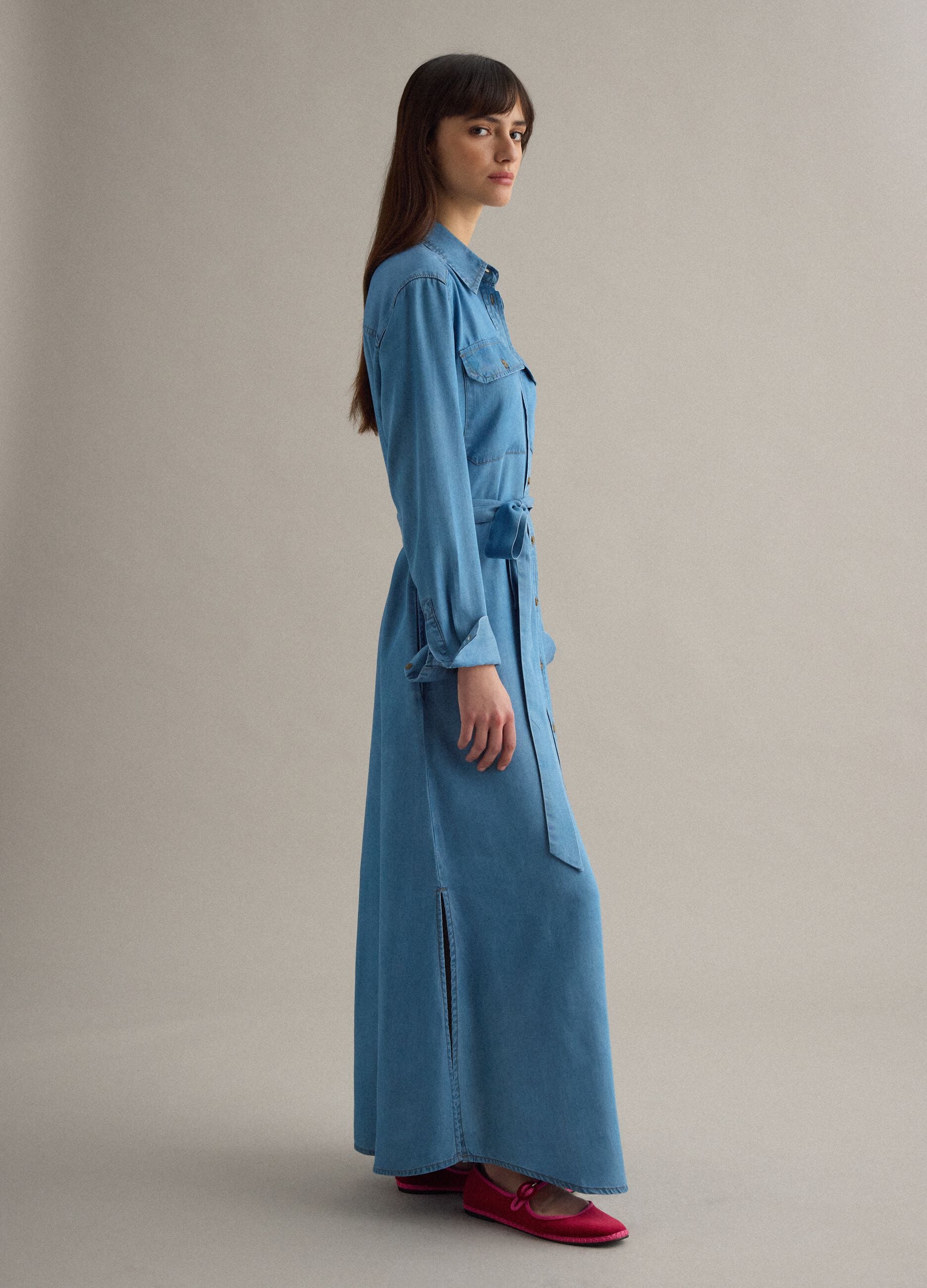 Long dress in pure blue lyocell denim regular fit with belt