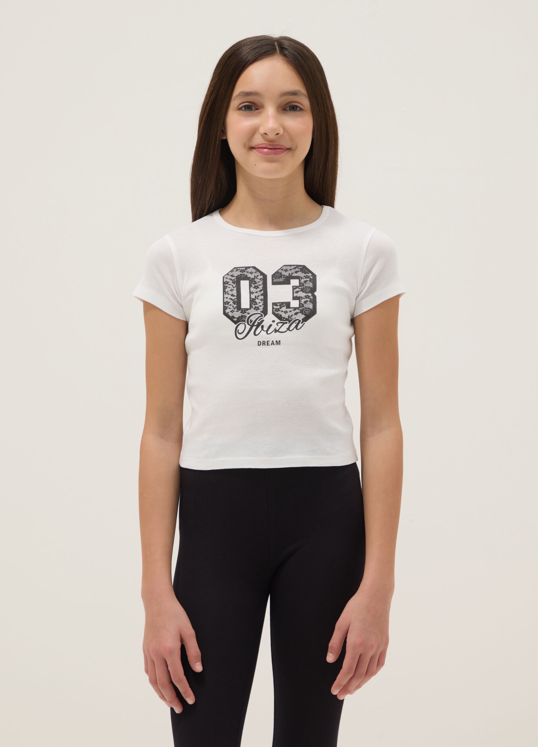 Girls' White Pure Cotton Slim Fit T-shirt with Print