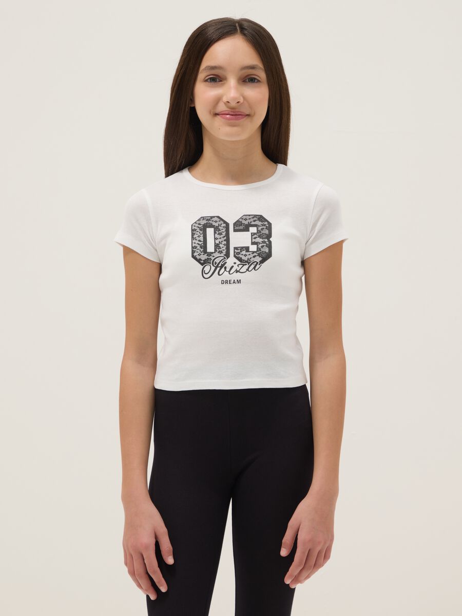 Girls' White Pure Cotton Slim Fit T-shirt with Print_1