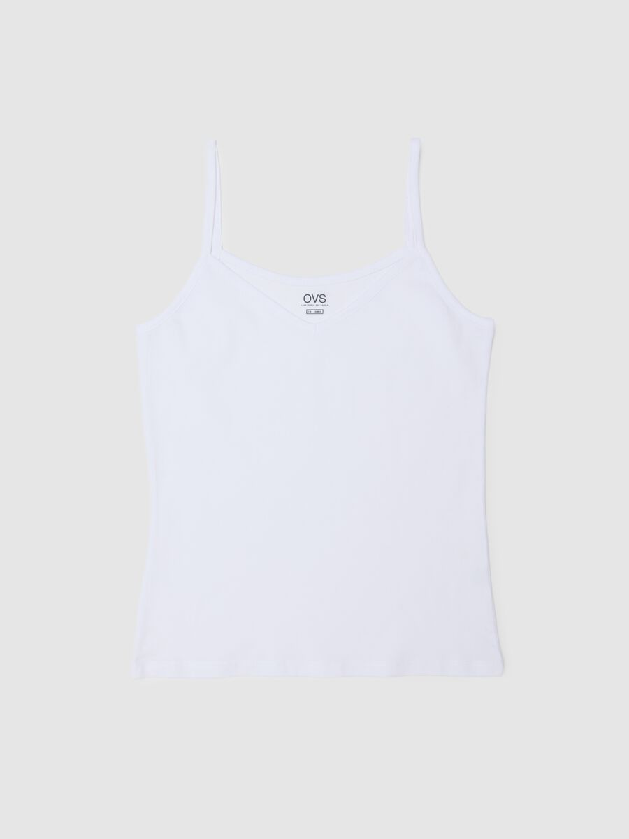 White stretch cotton tank top regular fit deep V_4