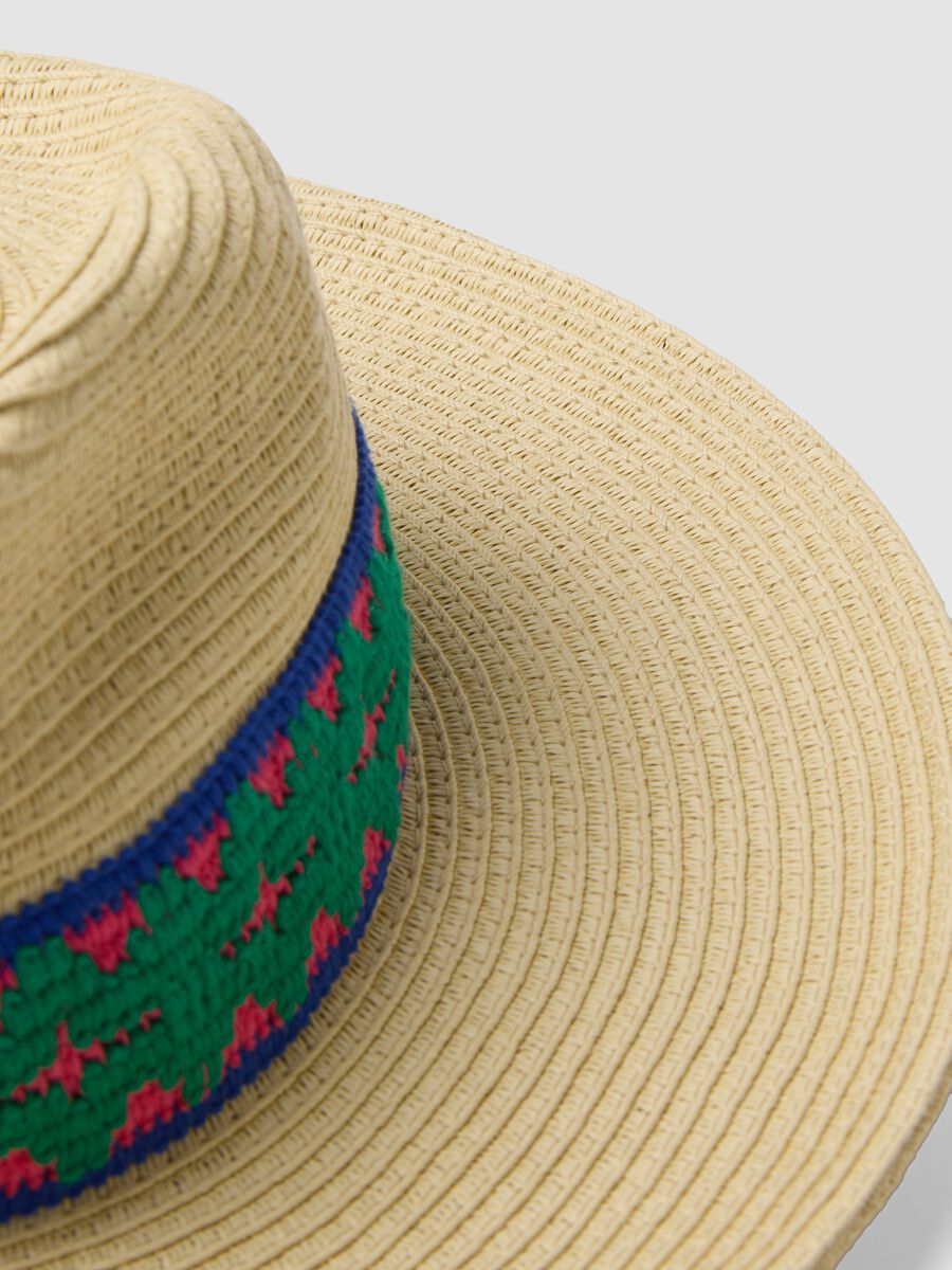 Cappello panama beige in puro tessuto carta con fascia multicolor_3
