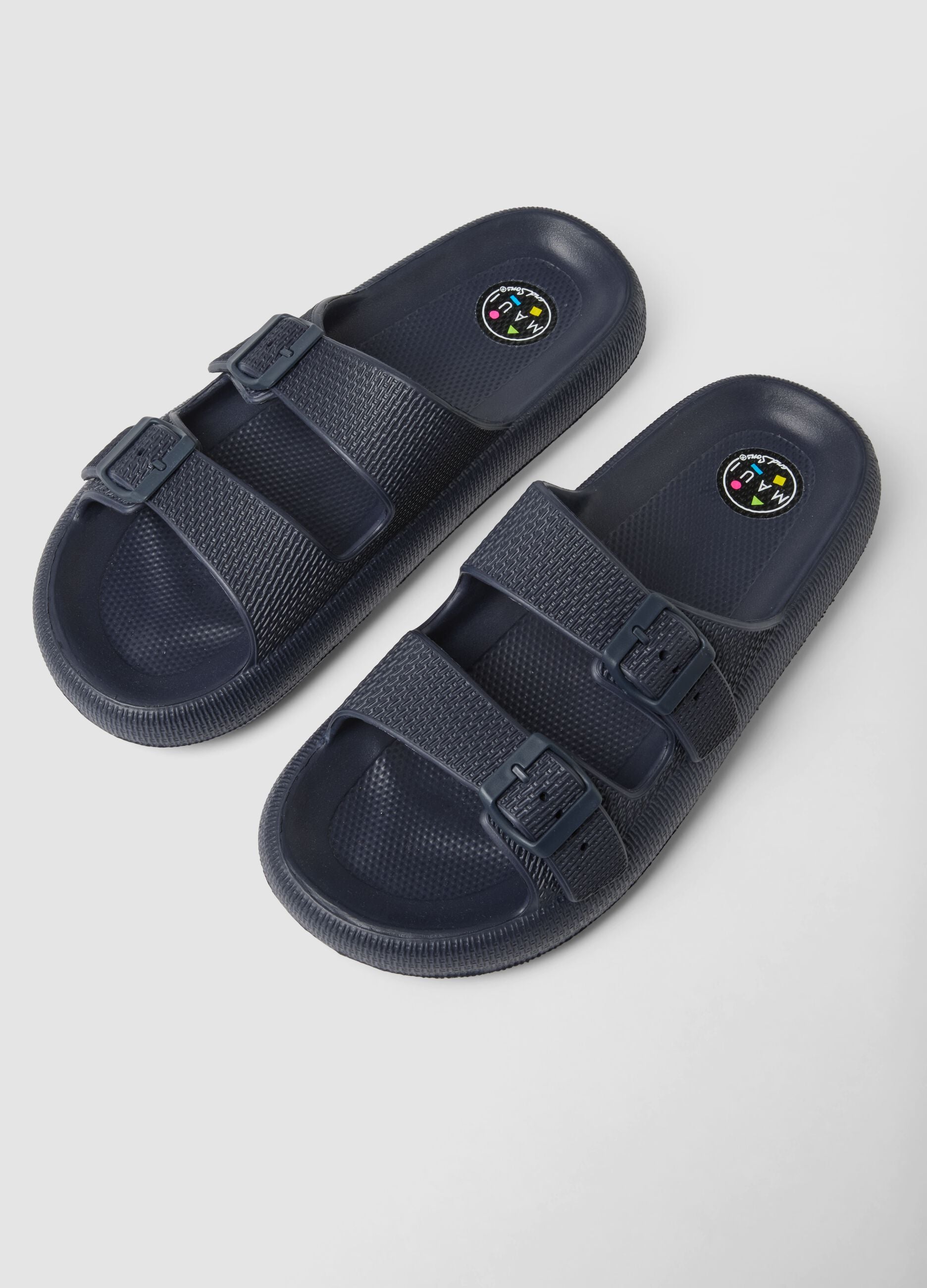 Blue double-buckle slides