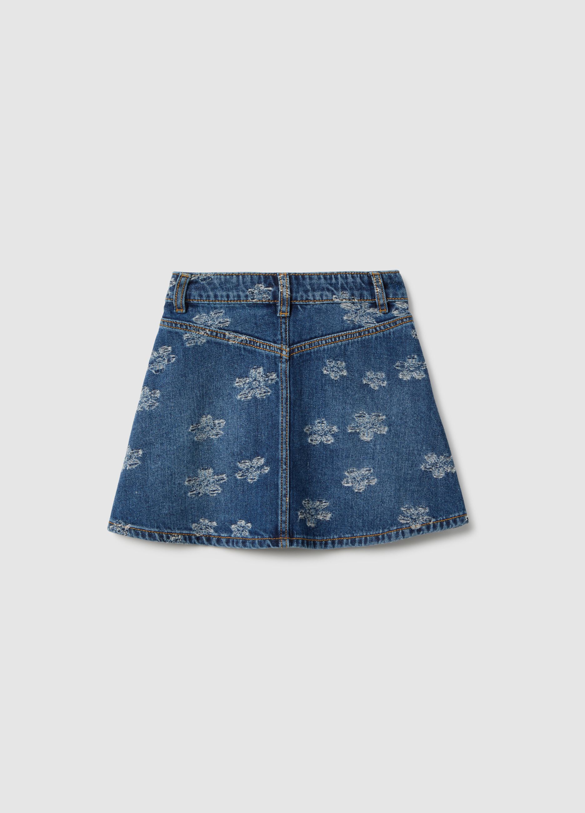 Blue denim pure cotton skirt with floral prints for girls, regular fit