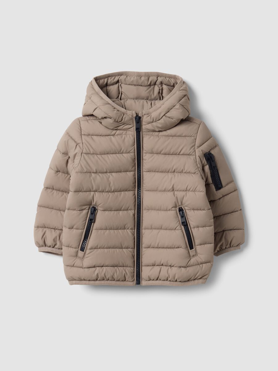 Beige ultralight quilted hooded jacket for boys_0