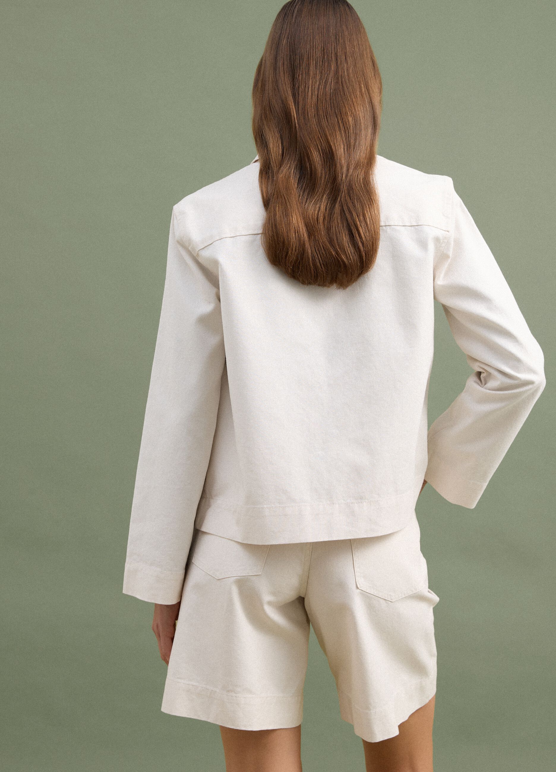White linen and lyocell blend blazer with contrasting embroidery, regular fit
