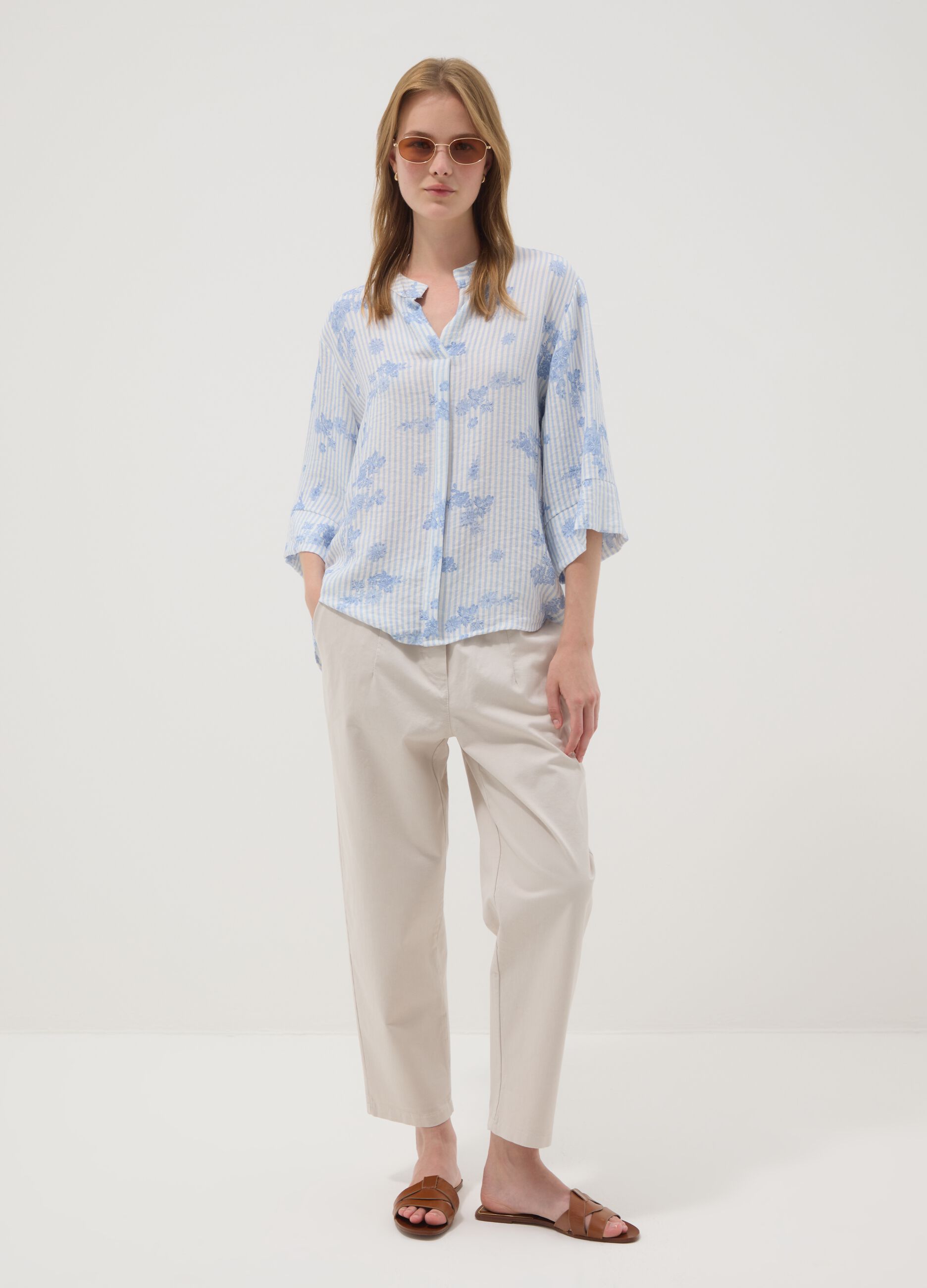 Light Blue Viscose-Blend Blouse with Stripes and Floral Print