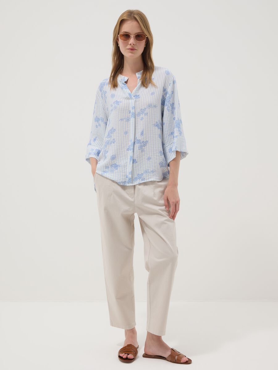 Light Blue Viscose-Blend Blouse with Stripes and Floral Print_2
