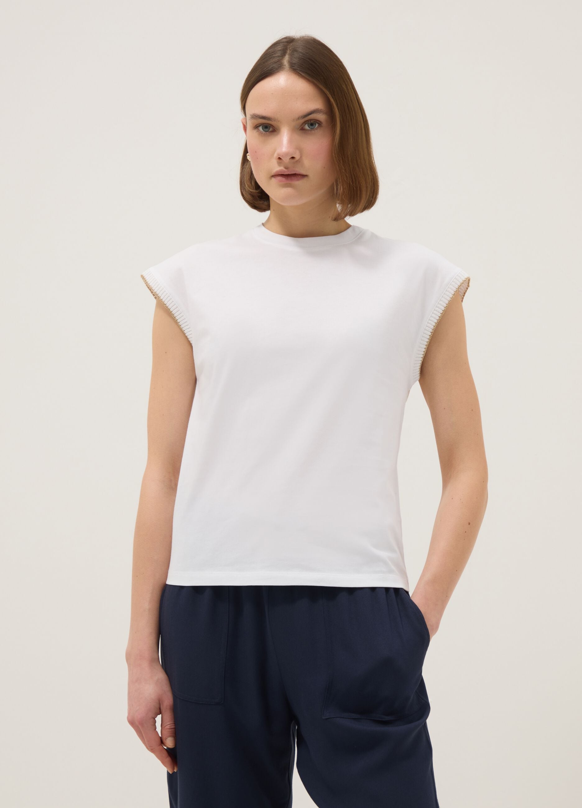 White sleeveless pure cotton T-shirt, regular fit