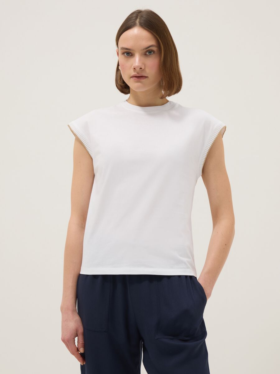 White sleeveless pure cotton T-shirt, regular fit_0
