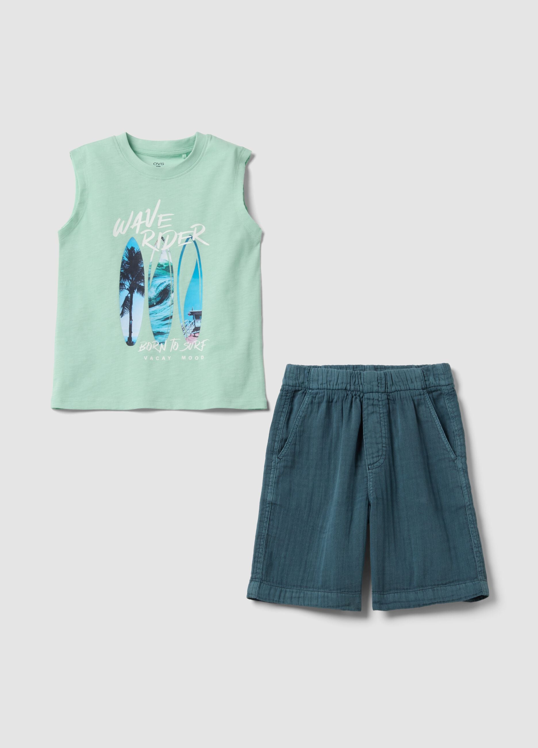 Green and blue pure cotton set with sleeveless top and shorts for boys, regular fit