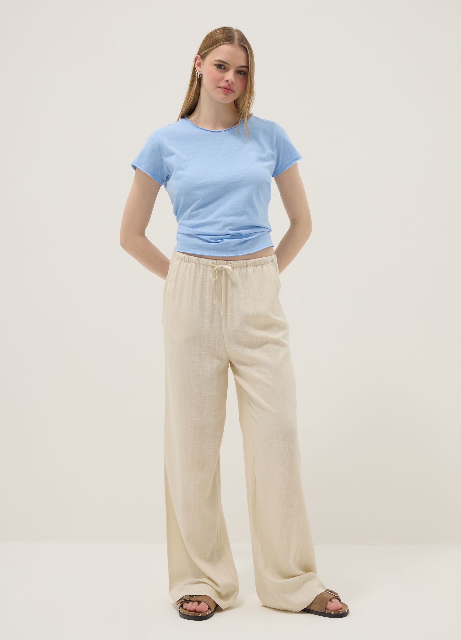 Beige viscose and linen-blend relaxed-fit jogger trousers